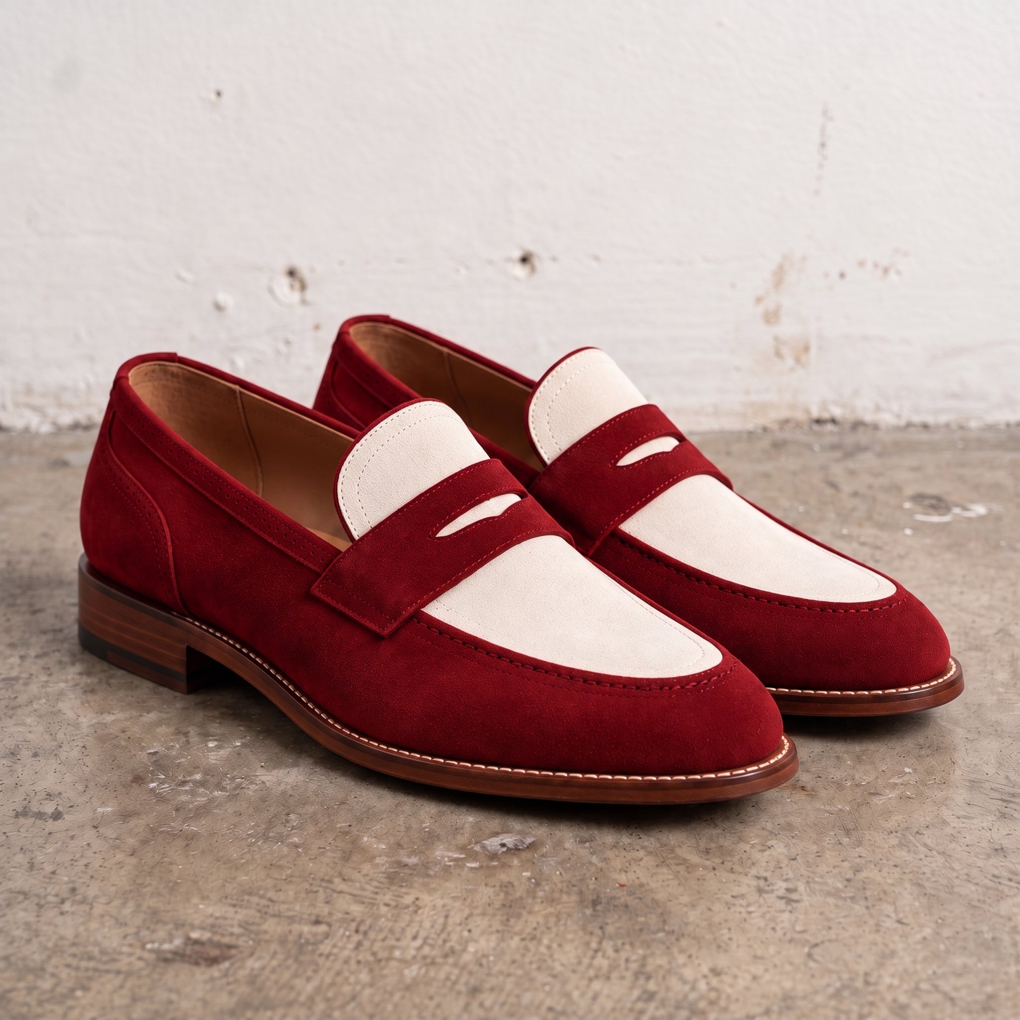 Men's Burgundy and Cream Suede Penny Loafers — Elson