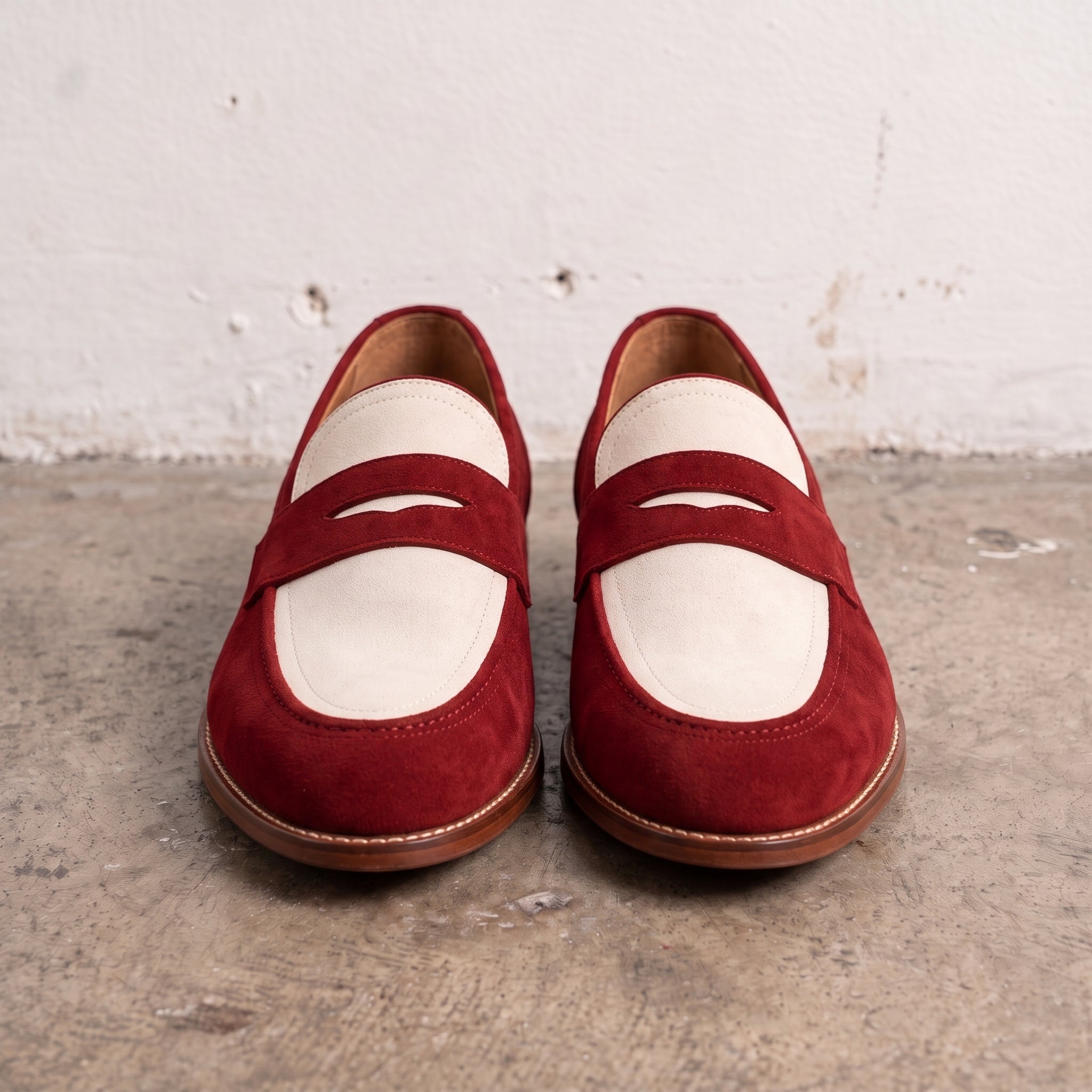 Men's Burgundy and Cream Suede Penny Loafers — Elson