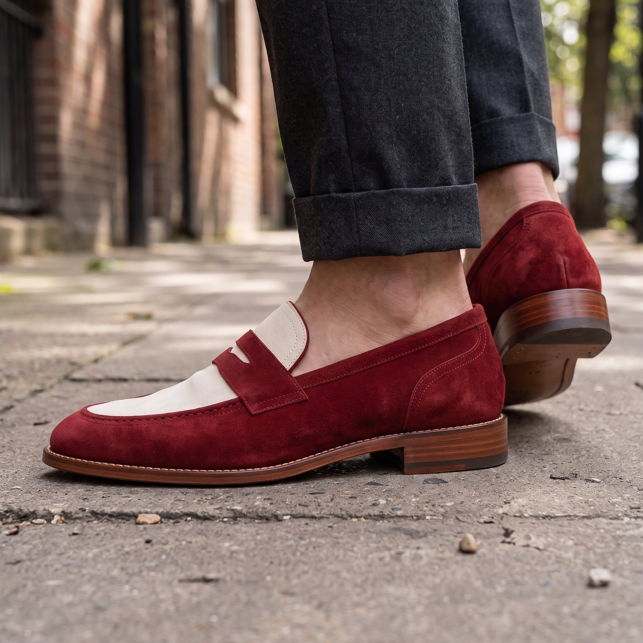 Men's Burgundy and Cream Suede Penny Loafers — Elson