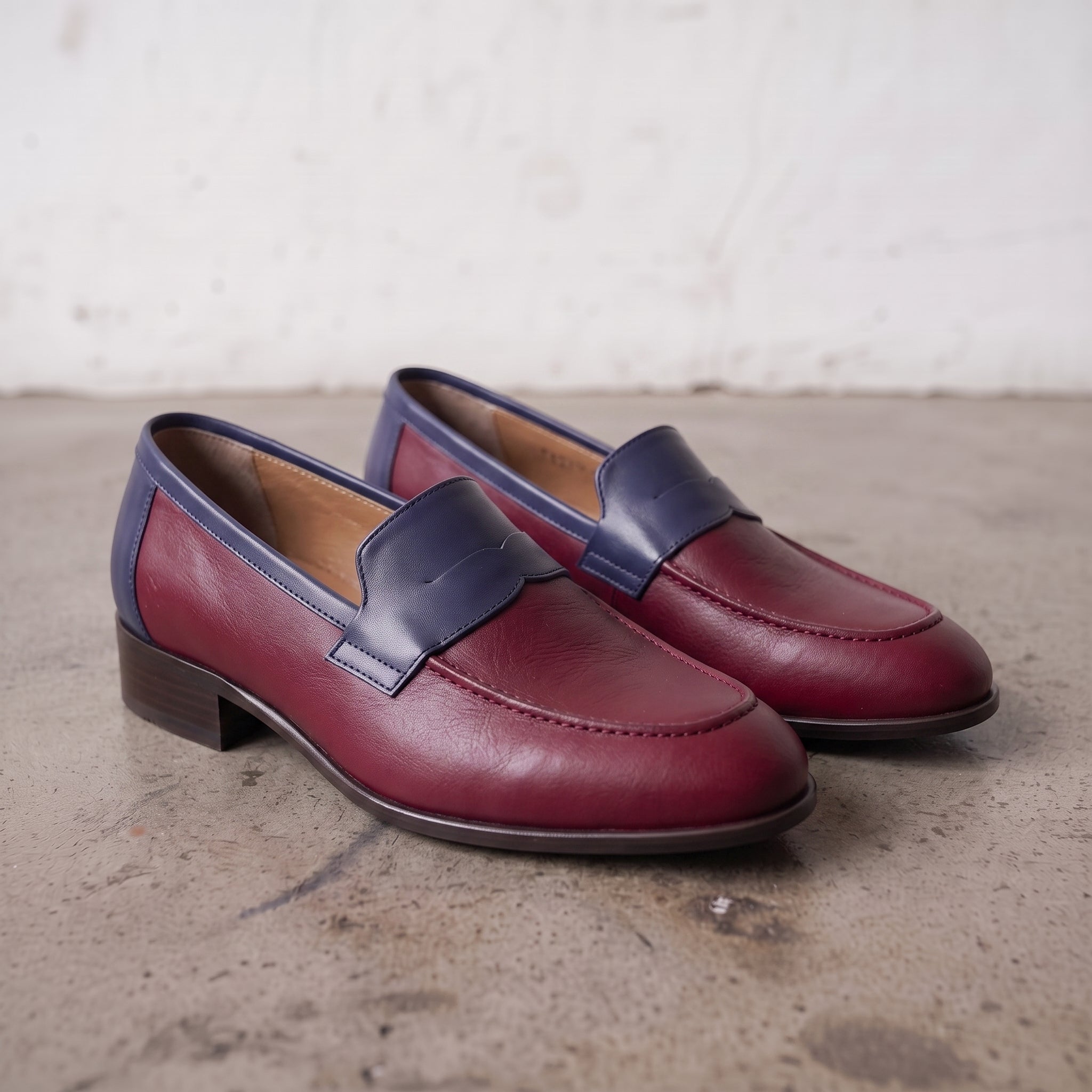 Men's Burgundy and Dark Blue Apron-Toe Leather Penny Loafers — Stapleton