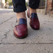 Men's Burgundy and Dark Blue Apron-Toe Leather Penny Loafers — Stapleton