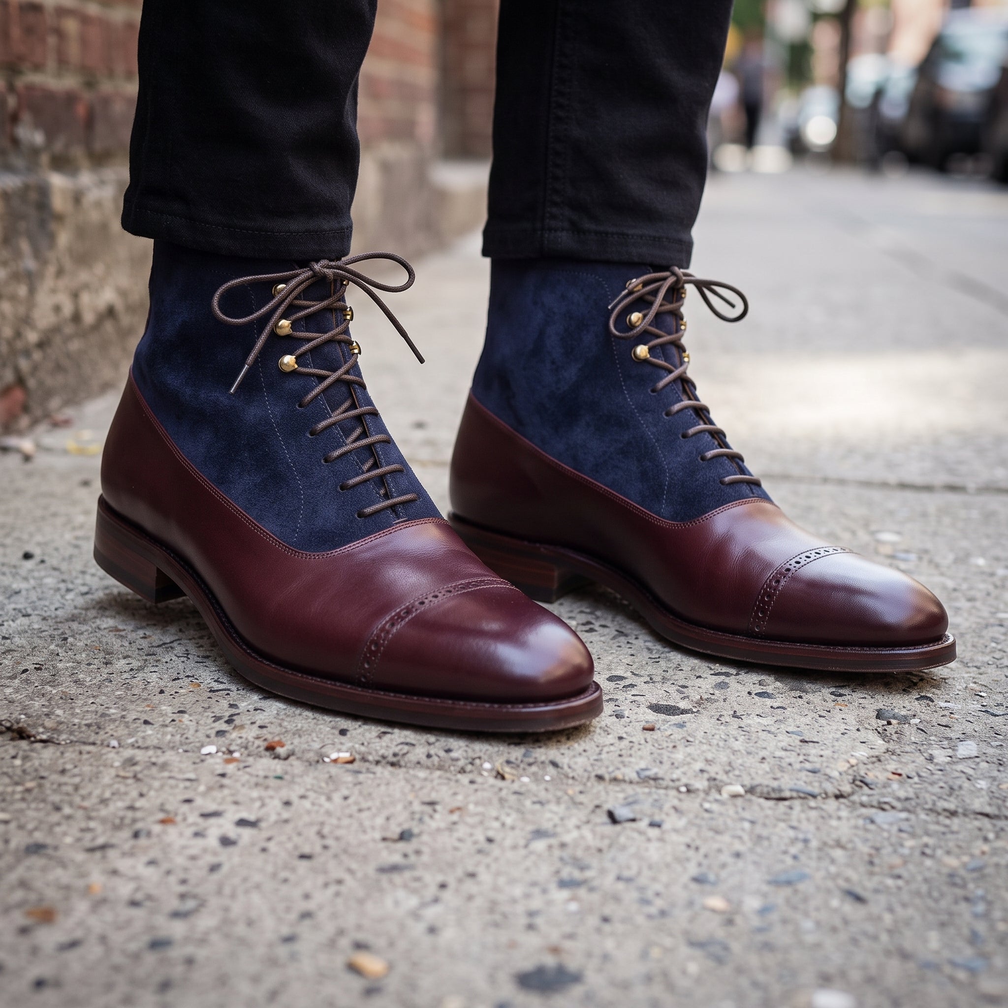 Men's Burgundy and Dark Blue Cap-Toe Leather and Suede Balmoral Boots — Smedley