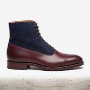 Men's Burgundy and Dark Blue Cap-Toe Leather and Suede Balmoral Boots — Smedley