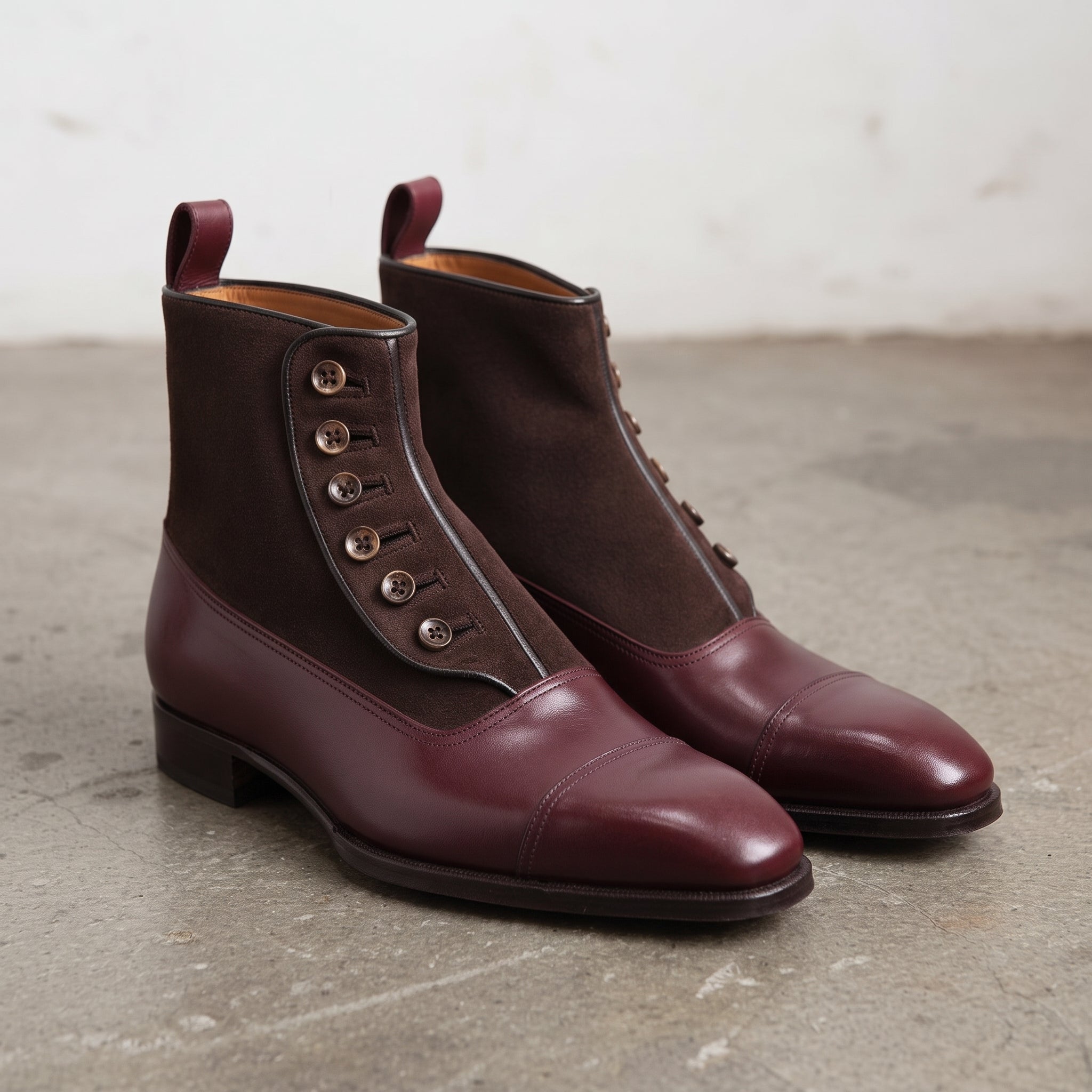 Men's Burgundy and Dark Brown Cap-Toe Leather Button Boots — Swanwick