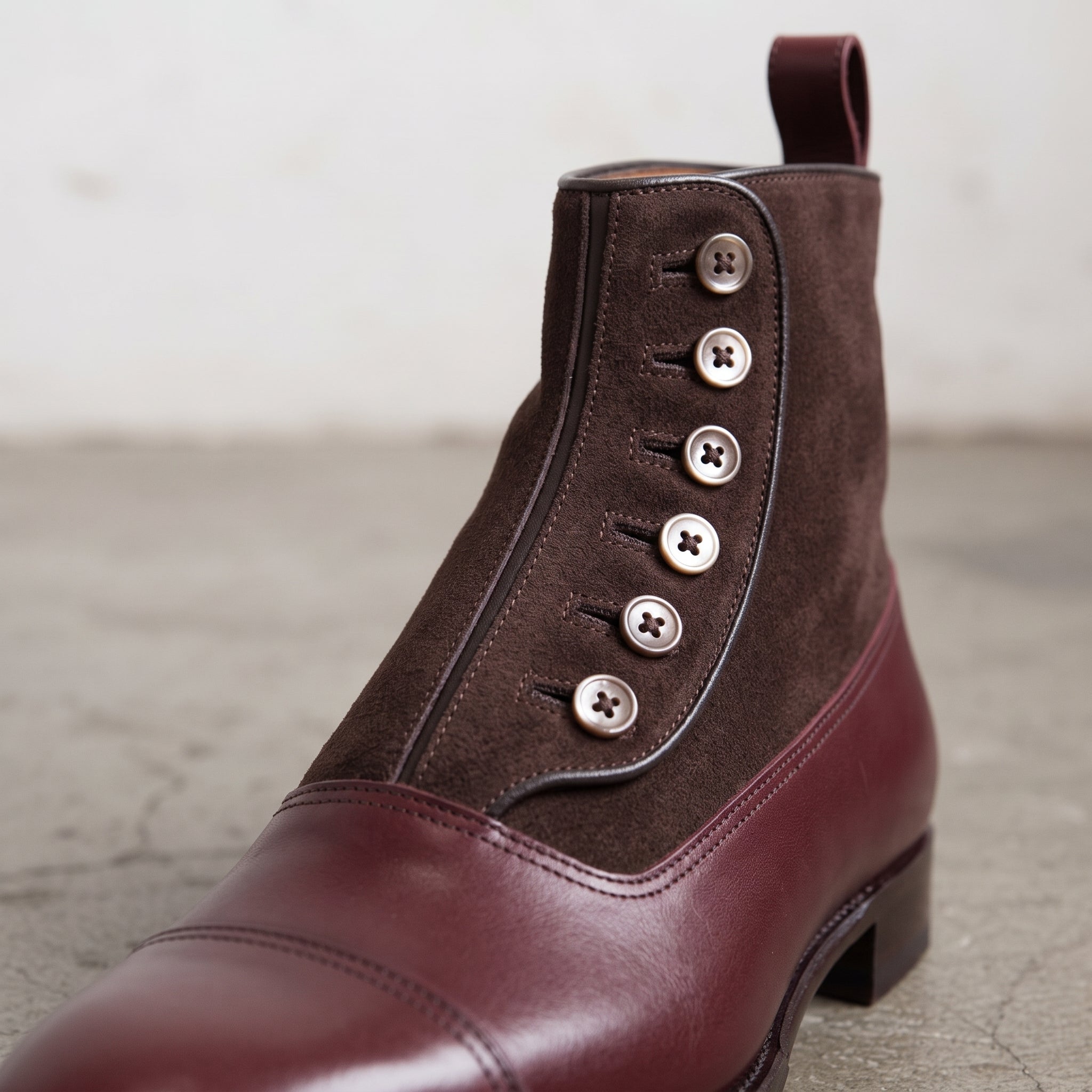 Men's Burgundy and Dark Brown Cap-Toe Leather Button Boots — Swanwick