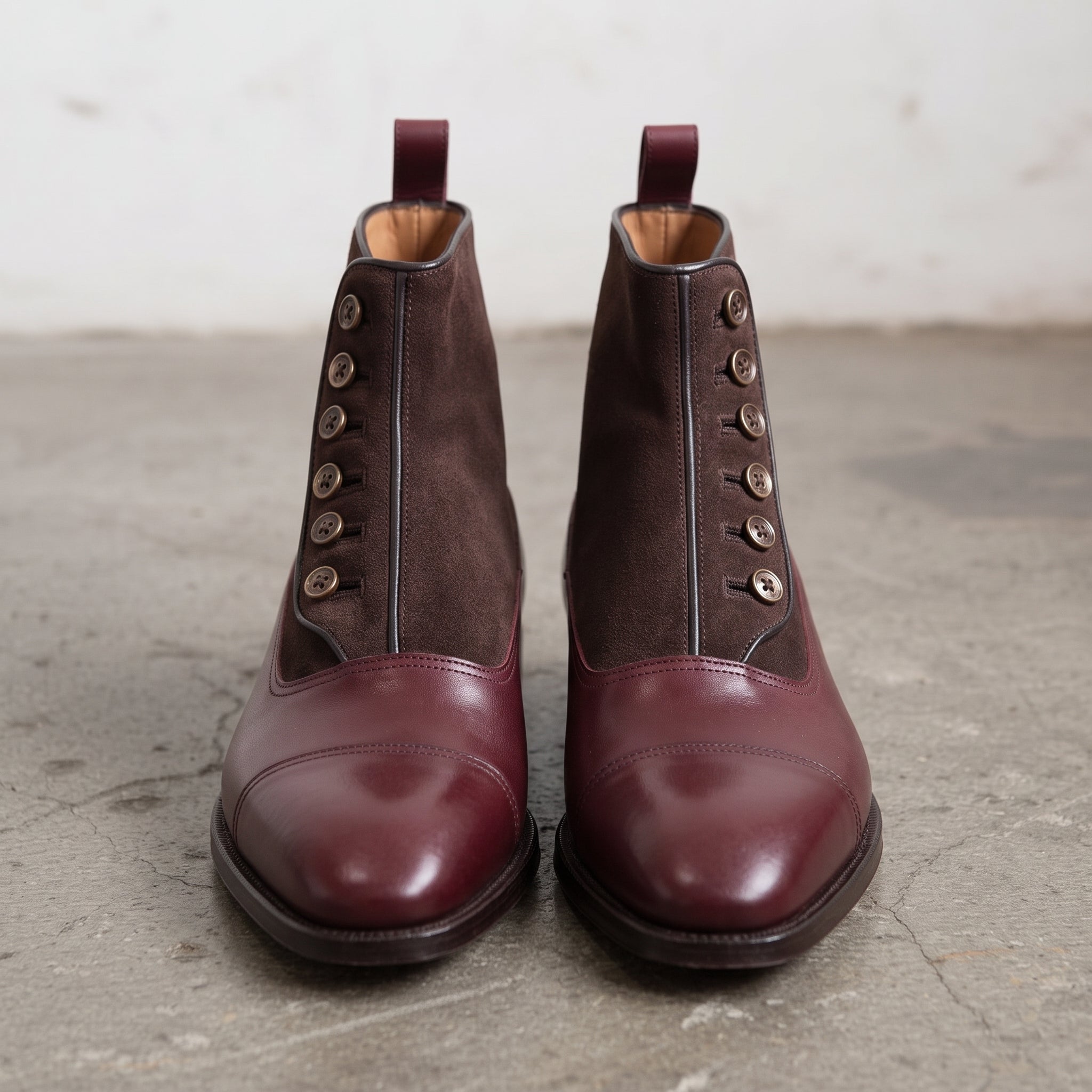 Men's Burgundy and Dark Brown Cap-Toe Leather Button Boots — Swanwick