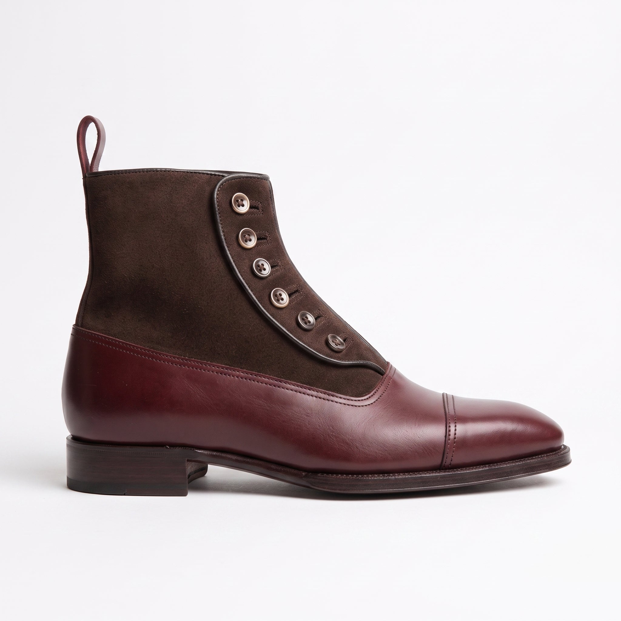 Men's Burgundy and Dark Brown Cap-Toe Leather Button Boots — Swanwick