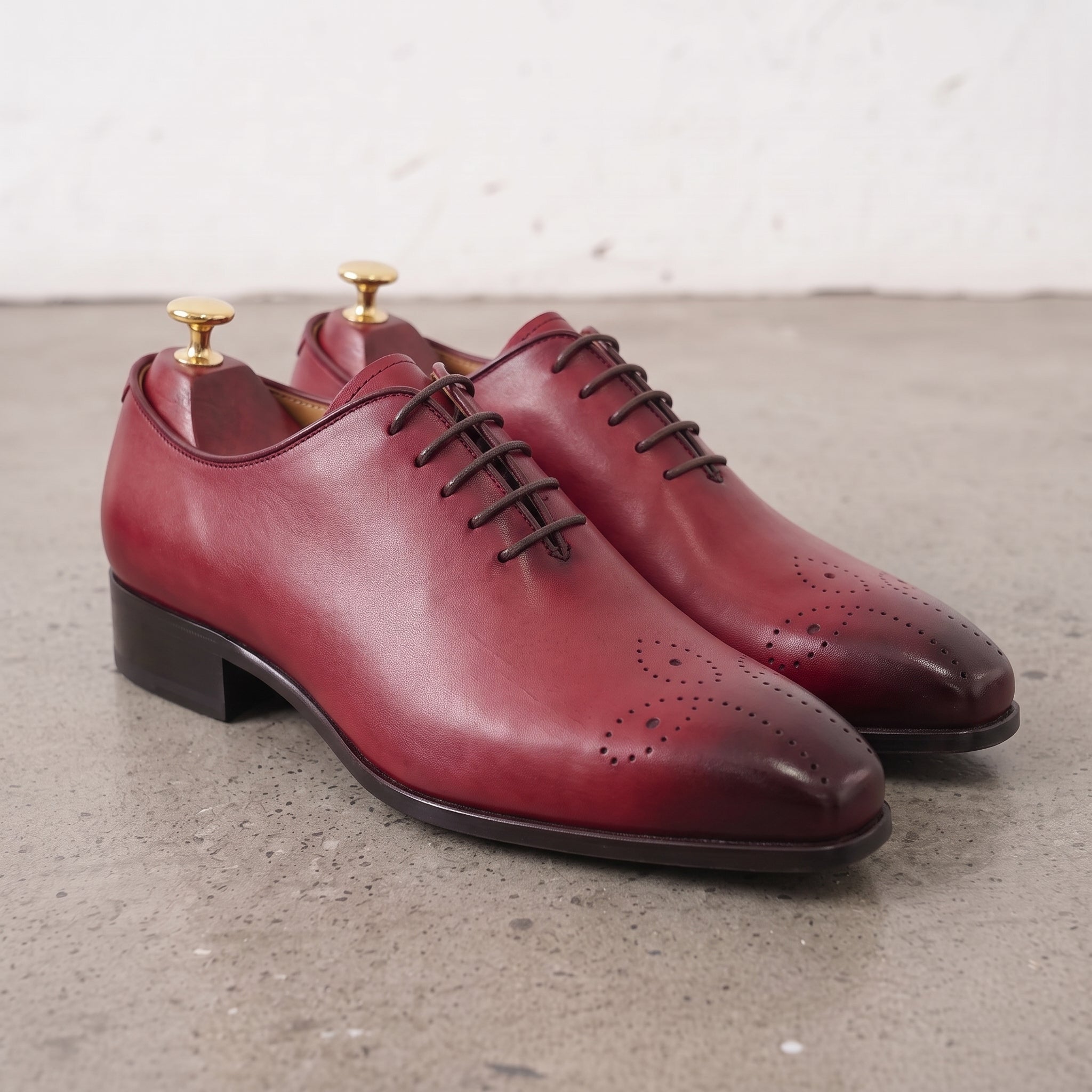 Men's Burgundy and Dark Brown Medallion Toe Leather Oxfords — Bradford