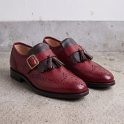Men's Burgundy and Dark Brown Wingtip Leather Monk Strap Shoes — Maxwell