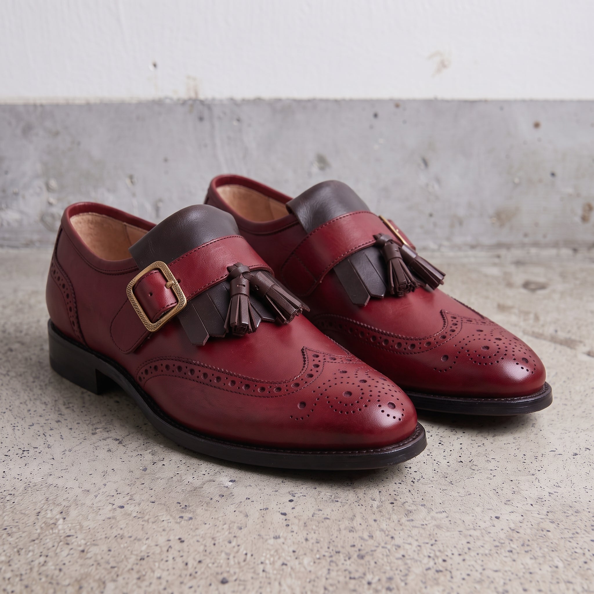 Men's Burgundy and Dark Brown Wingtip Leather Monk Strap Shoes — Maxwell