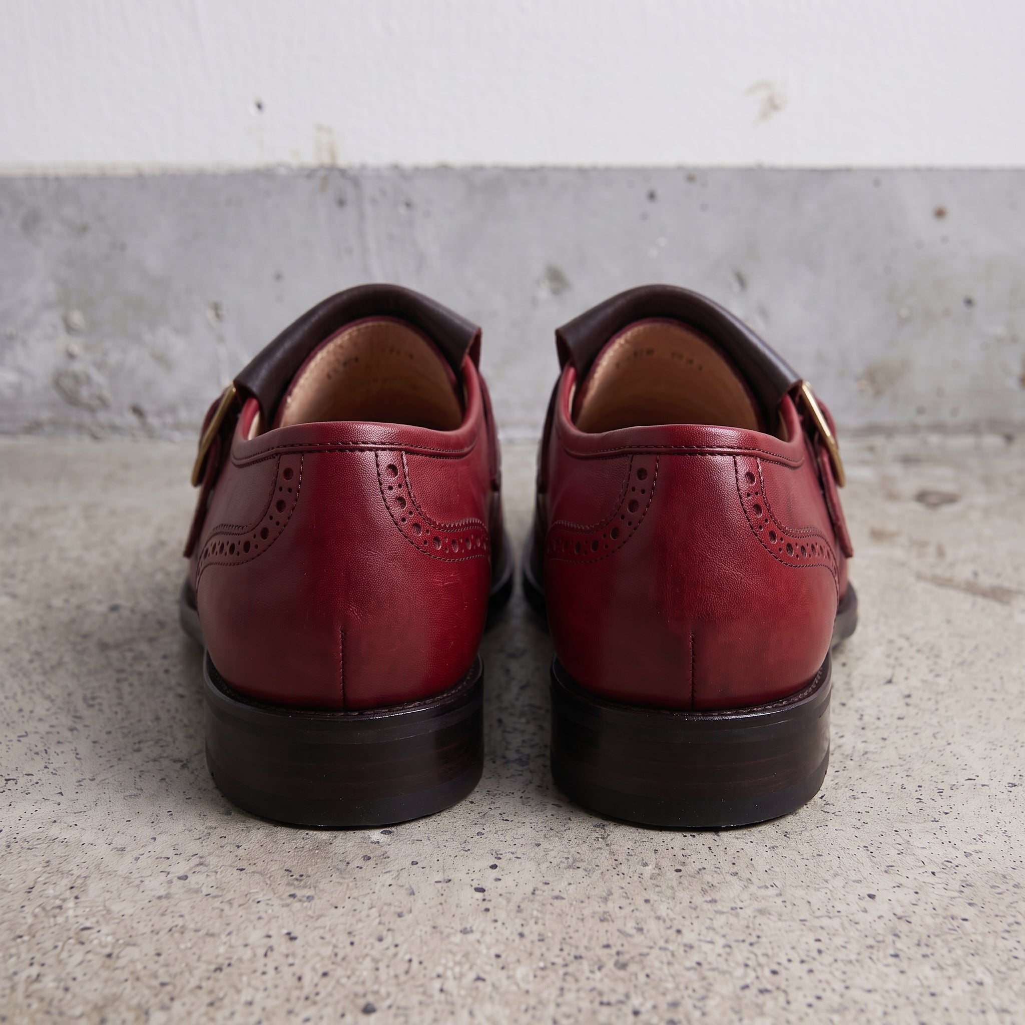 Men's Burgundy and Dark Brown Wingtip Leather Monk Strap Shoes — Maxwell