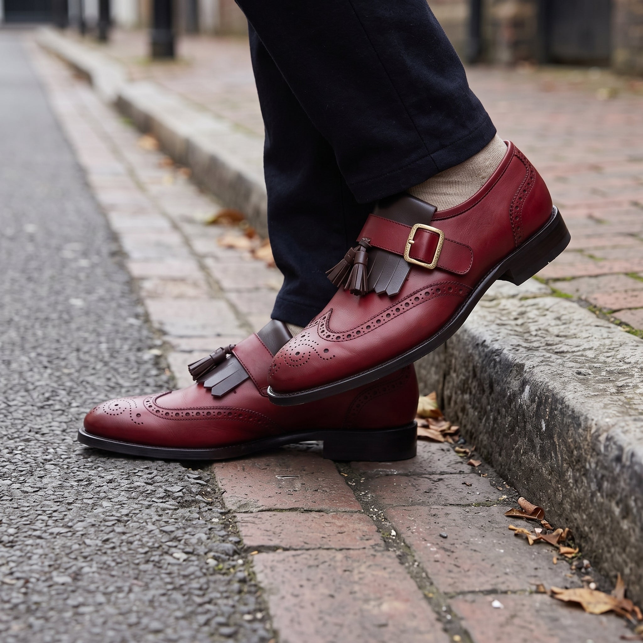 Men's Burgundy and Dark Brown Wingtip Leather Monk Strap Shoes — Maxwell