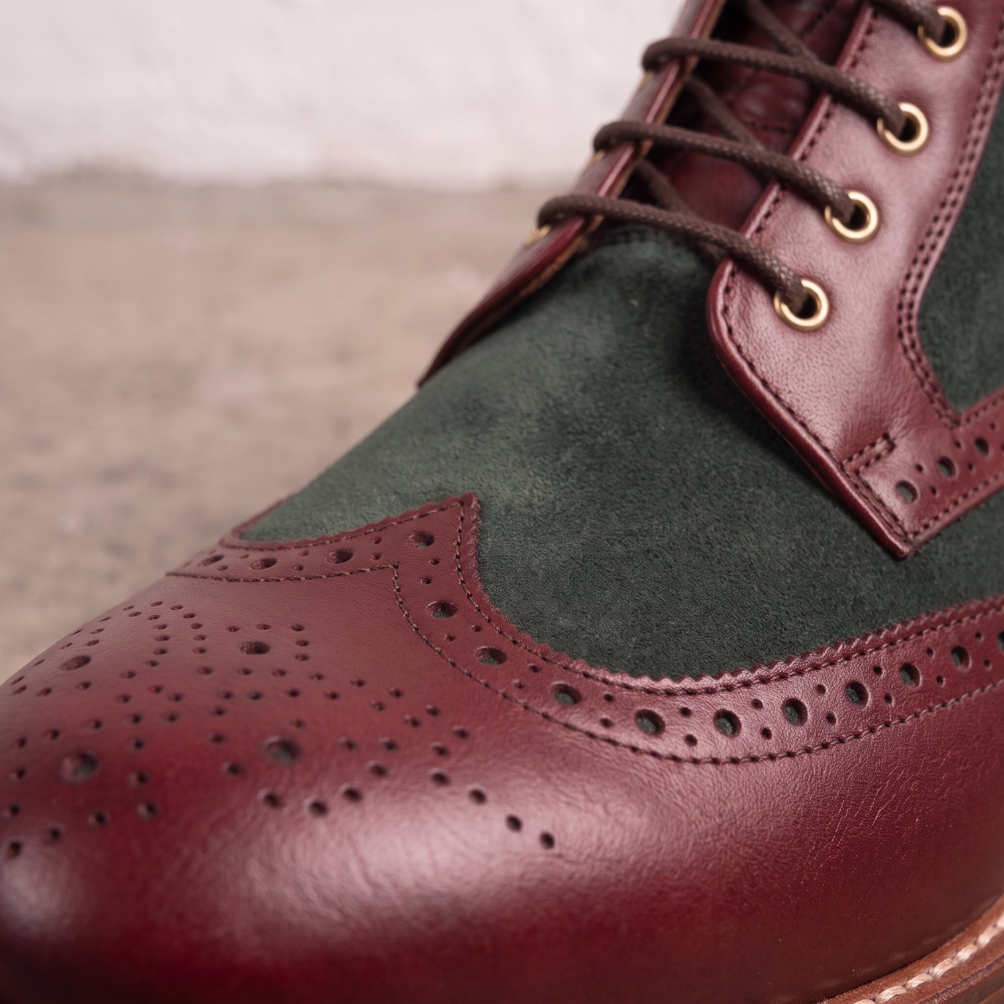 Men's Burgundy and Dark Green Wingtip Leather Derby Boots — Eskridge