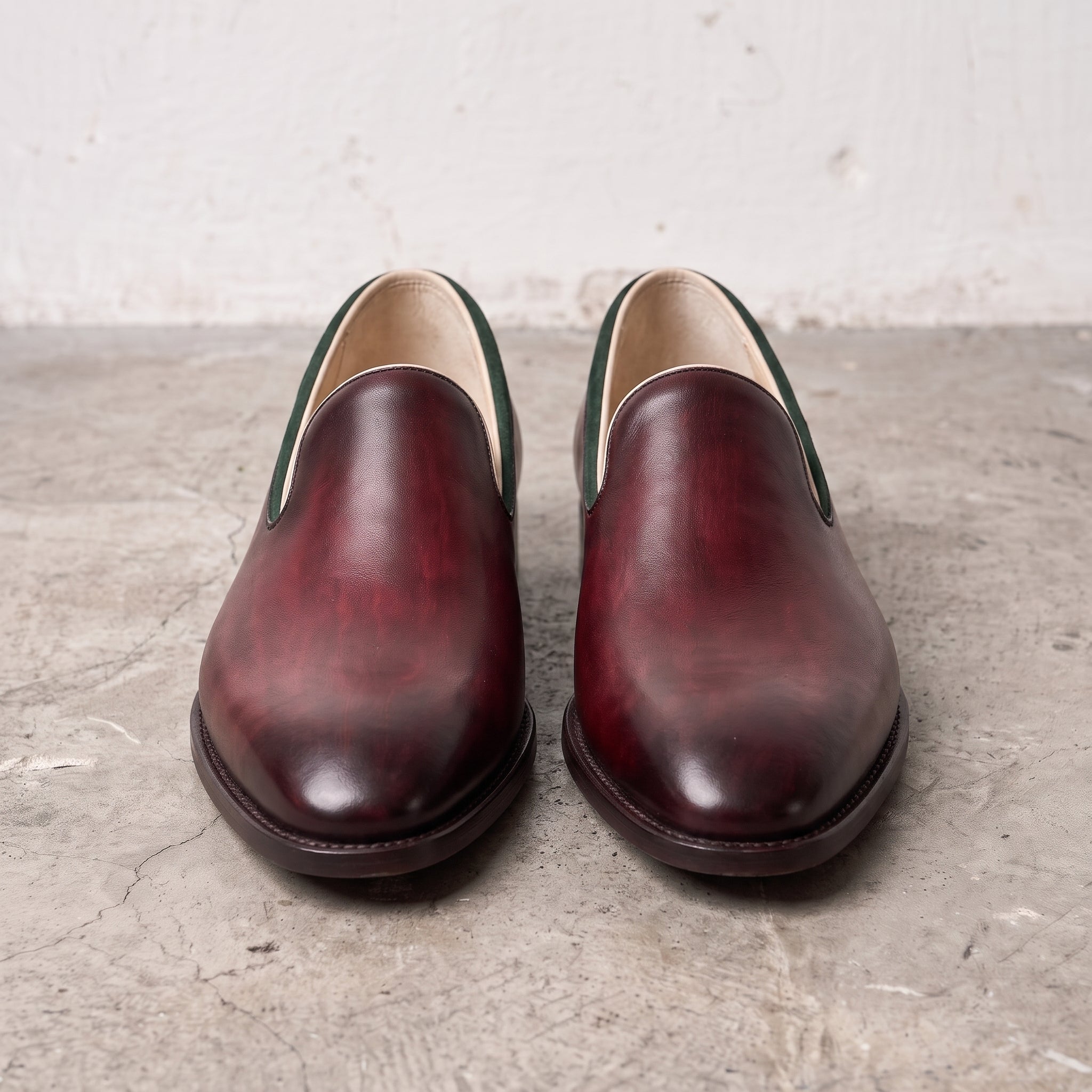 Men's Burgundy and Green Plain-Toe Leather Loafers — Gadsby