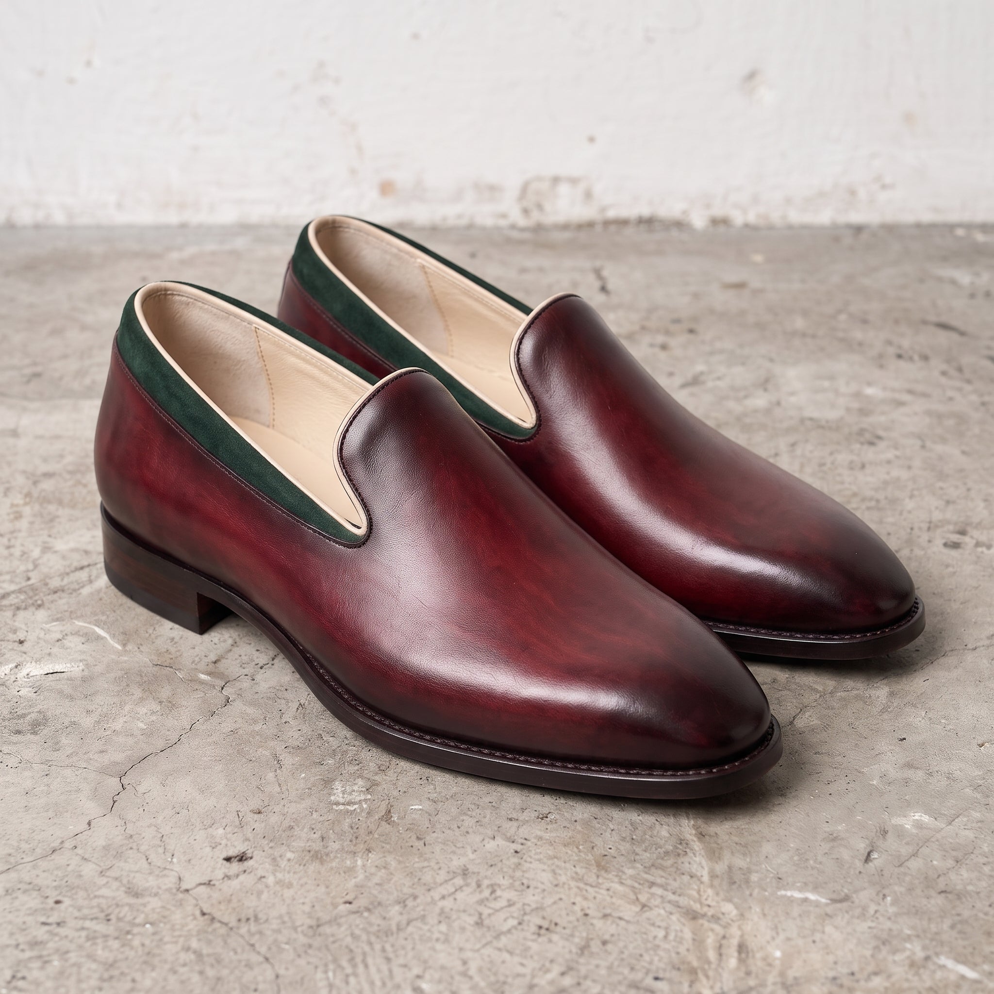 Men's Burgundy and Green Plain-Toe Leather Loafers — Gadsby
