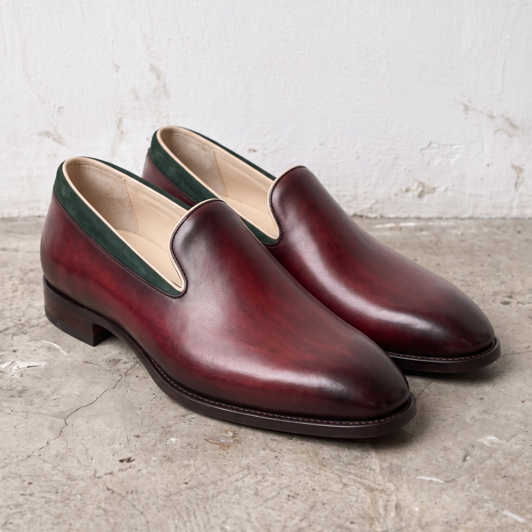 Men's Burgundy and Green Plain-Toe Leather Loafers — Gadsby