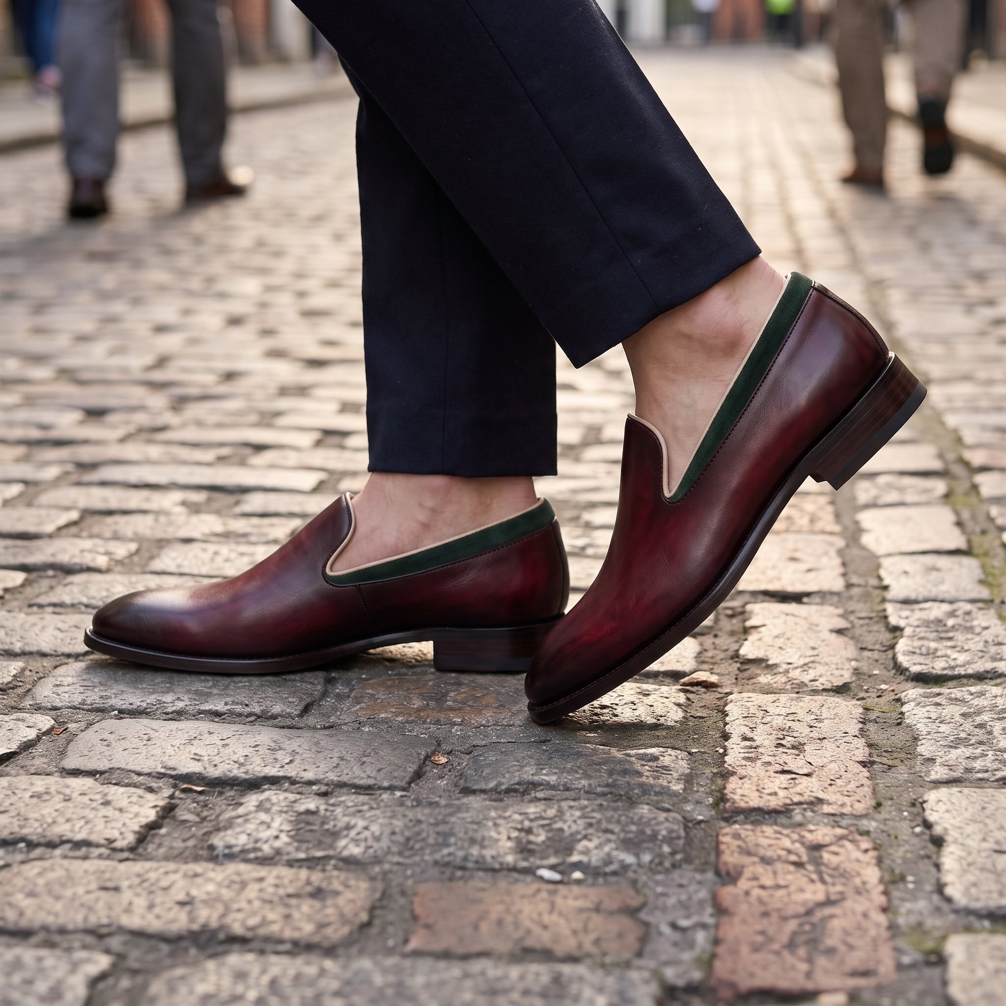 Men's Burgundy and Green Plain-Toe Leather Loafers — Gadsby