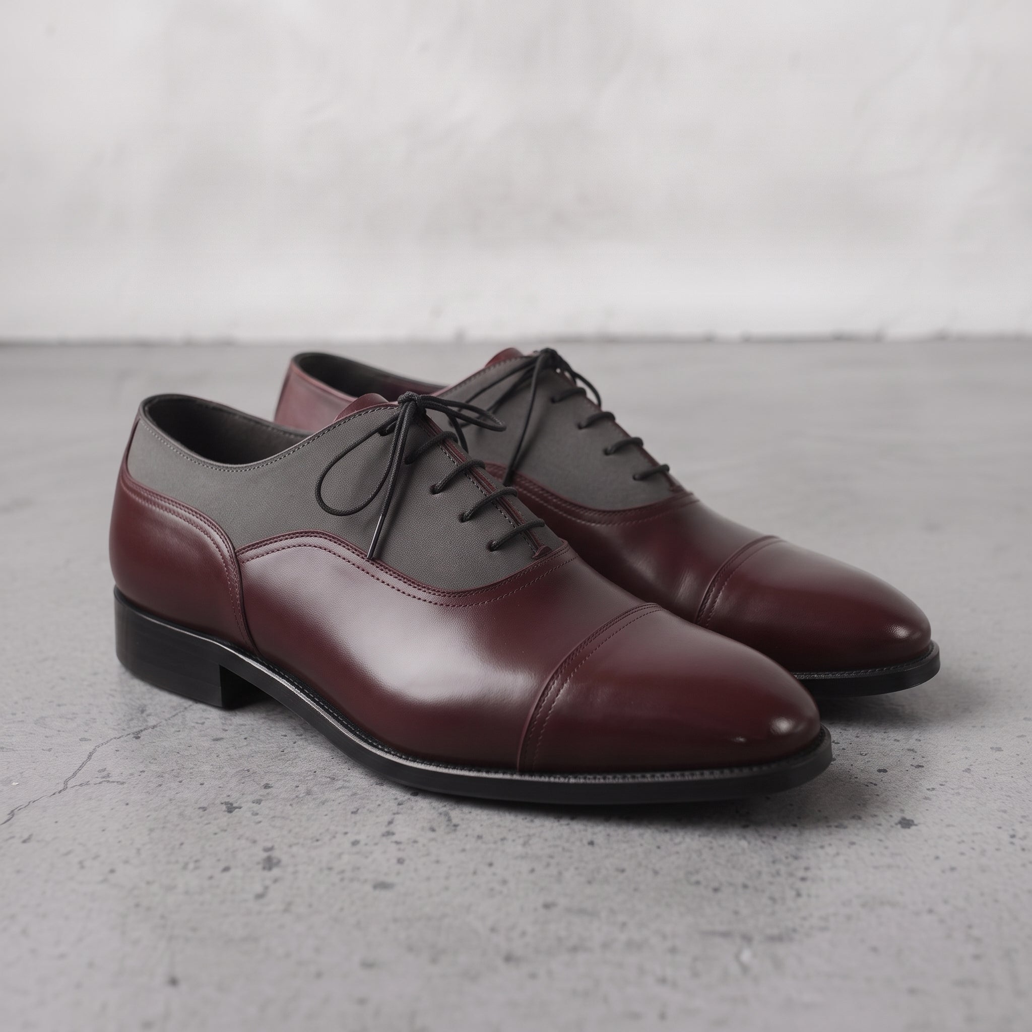 Men's Burgundy and Grey Cap-Toe Leather Oxfords — Hastings