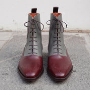 Men's Burgundy and Grey Plain-Toe Leather Ankle Boots — Challow