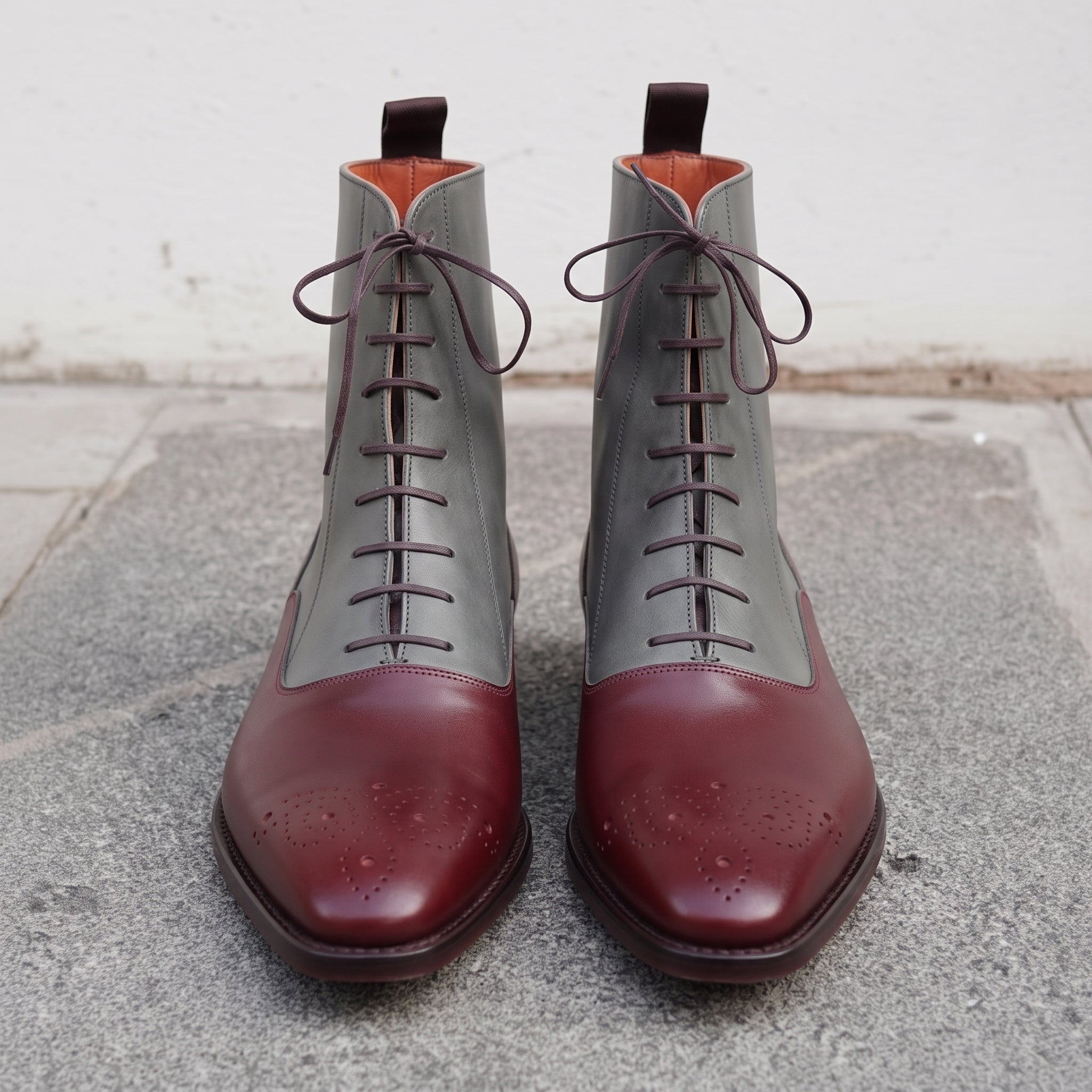 Men's Burgundy and Grey Plain-Toe Leather Ankle Boots — Challow
