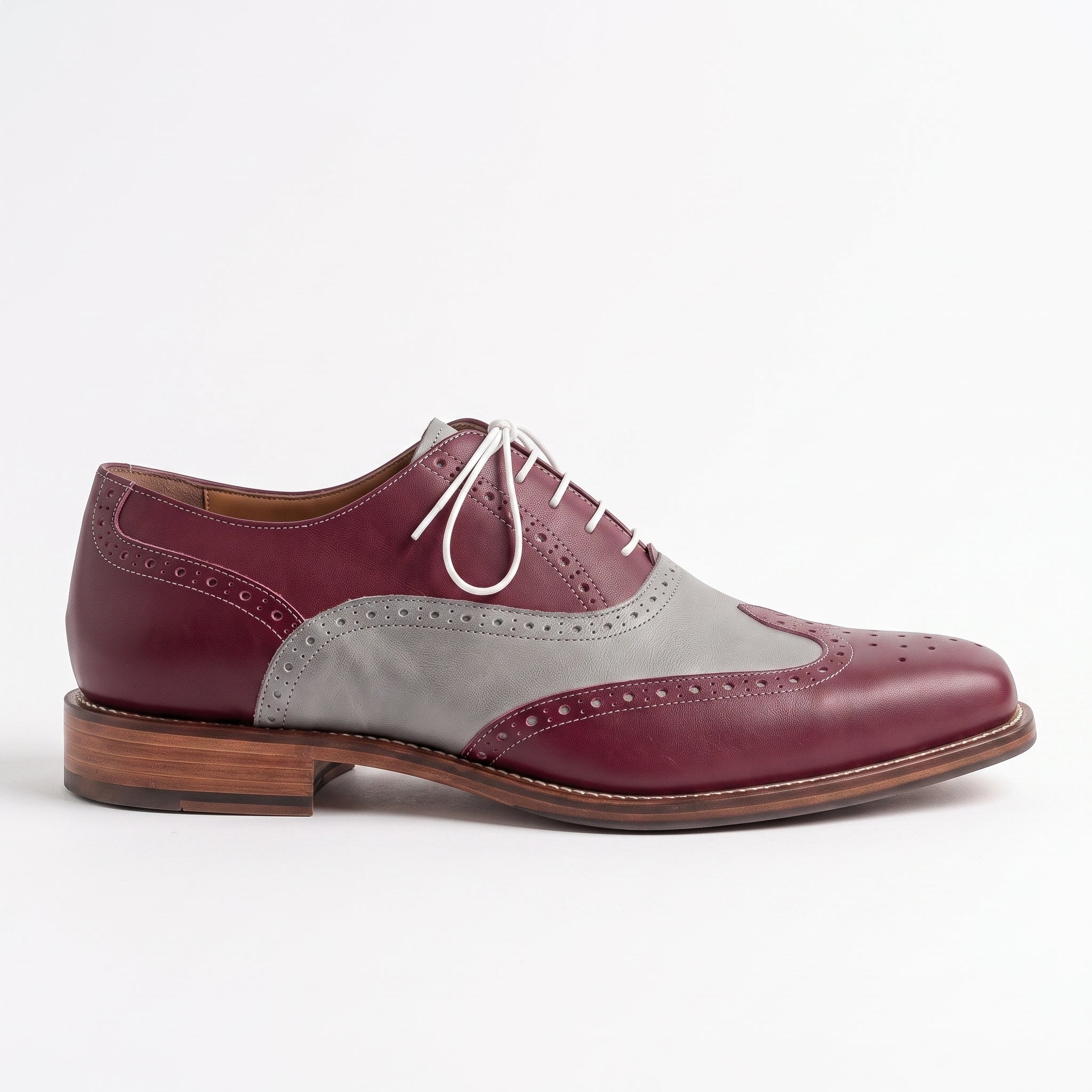 Men's Burgundy and Grey Two-Tone Wingtip Leather Spectator Oxfords — Edgeley