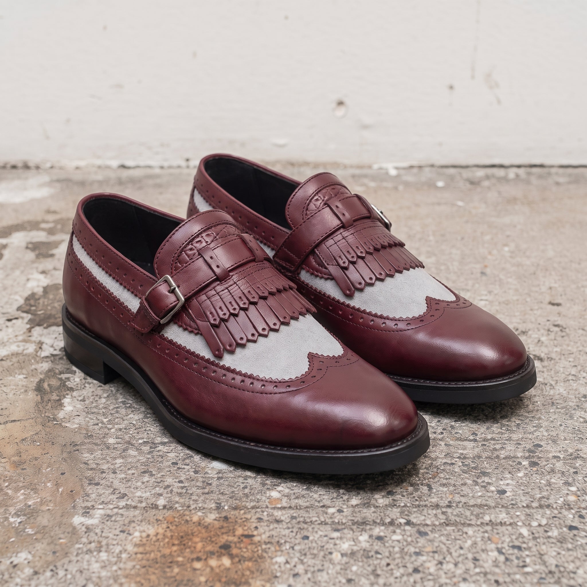 Men's Burgundy and Grey Wingtip Leather Monk Strap Loafers — Finlay — Finlay