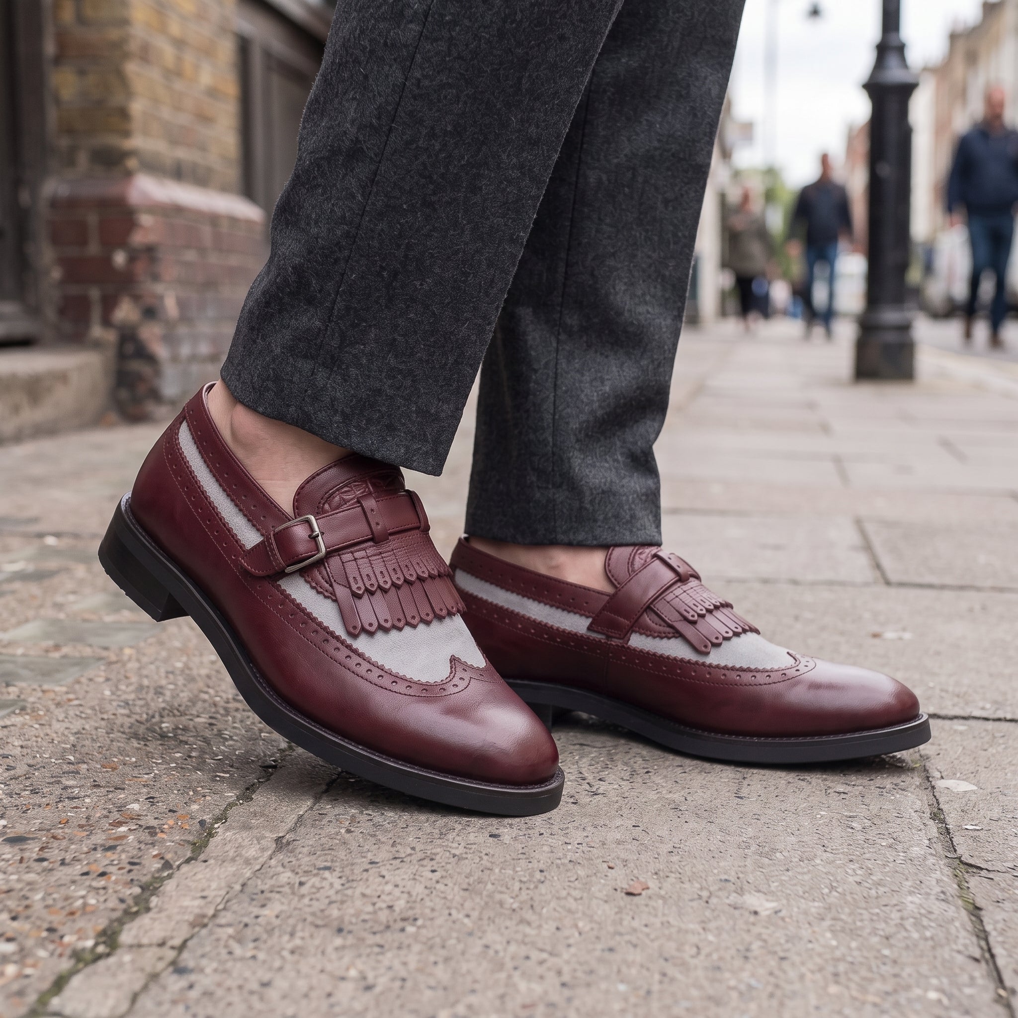 Men's Burgundy and Grey Wingtip Leather Monk Strap Loafers — Finlay — Finlay