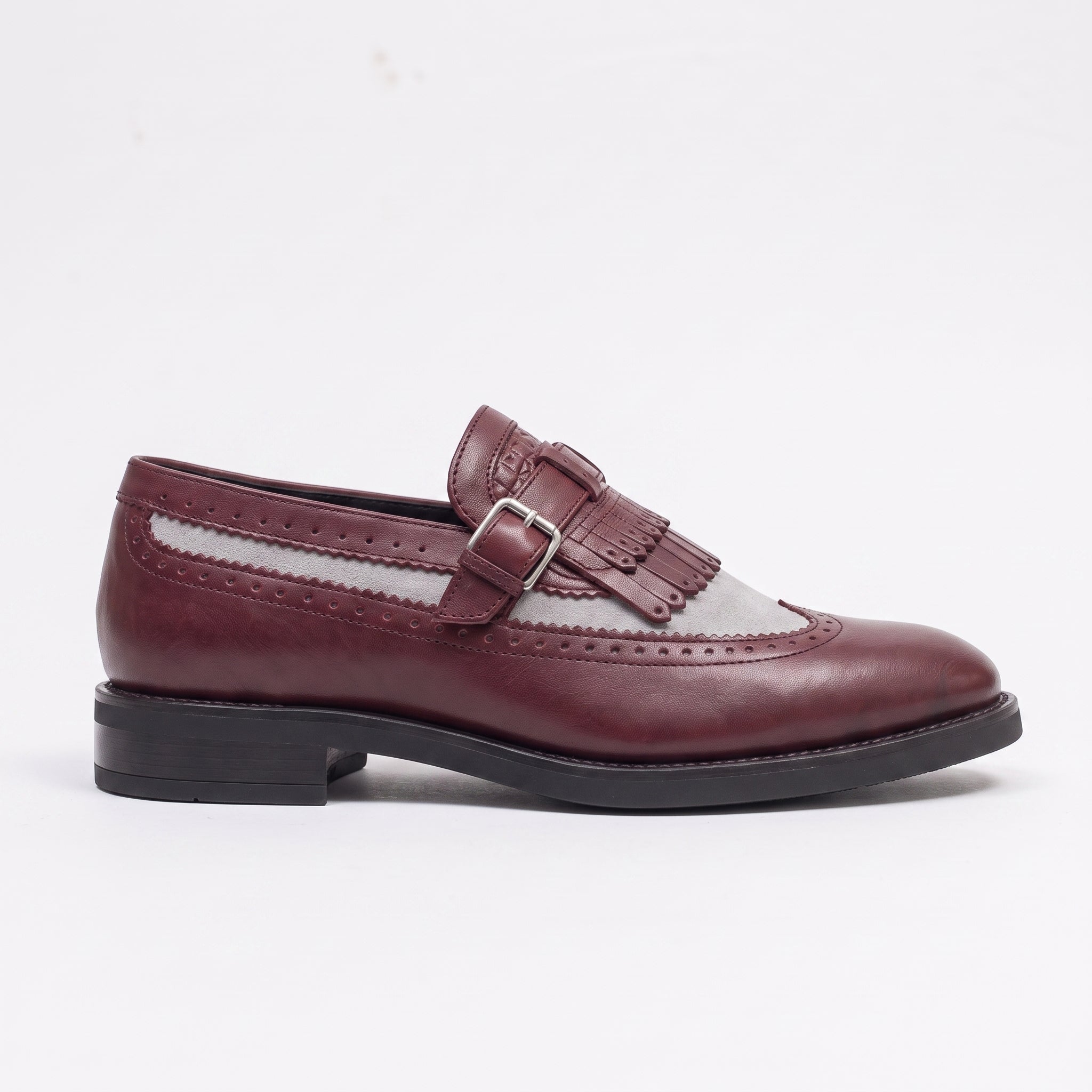 Men's Burgundy and Grey Wingtip Leather Monk Strap Loafers — Finlay — Finlay