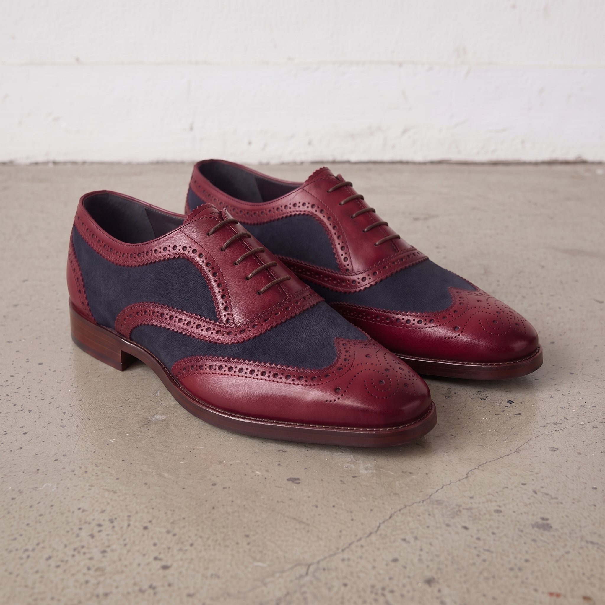 Men's Burgundy and Navy Wingtip Leather Spectator Oxfords — Anglesey