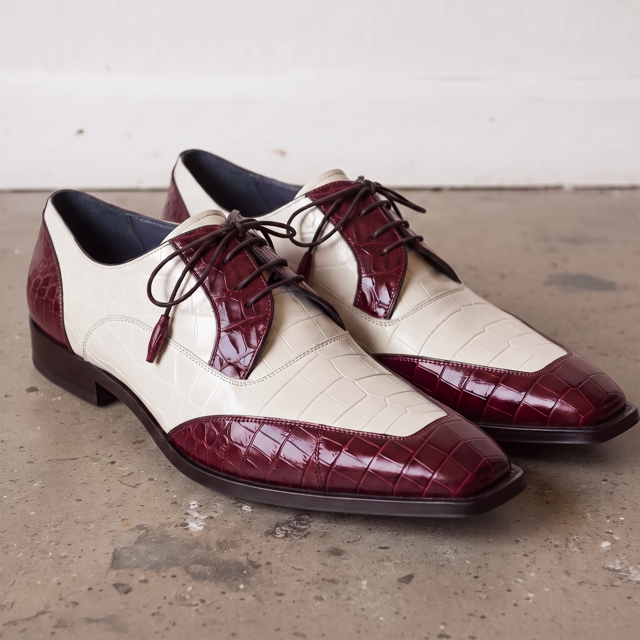Men's Burgundy and Off-White Crocodile-Embossed Leather Spectator Derby Shoes — Birkdale