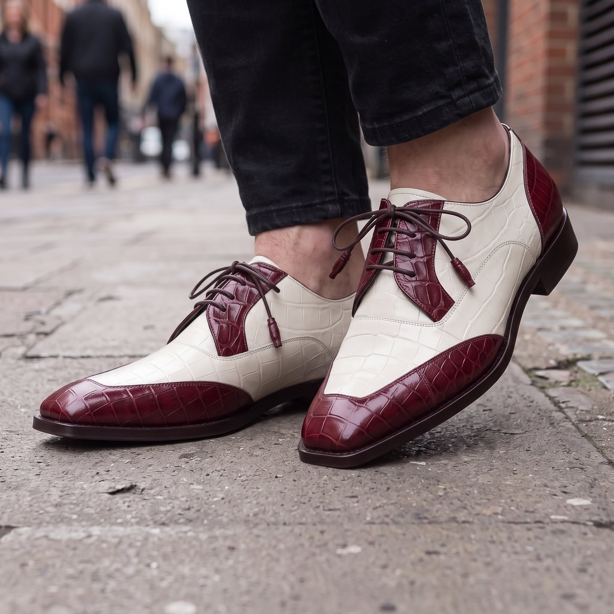Men's Burgundy and Off-White Crocodile-Embossed Leather Spectator Derby Shoes — Birkdale