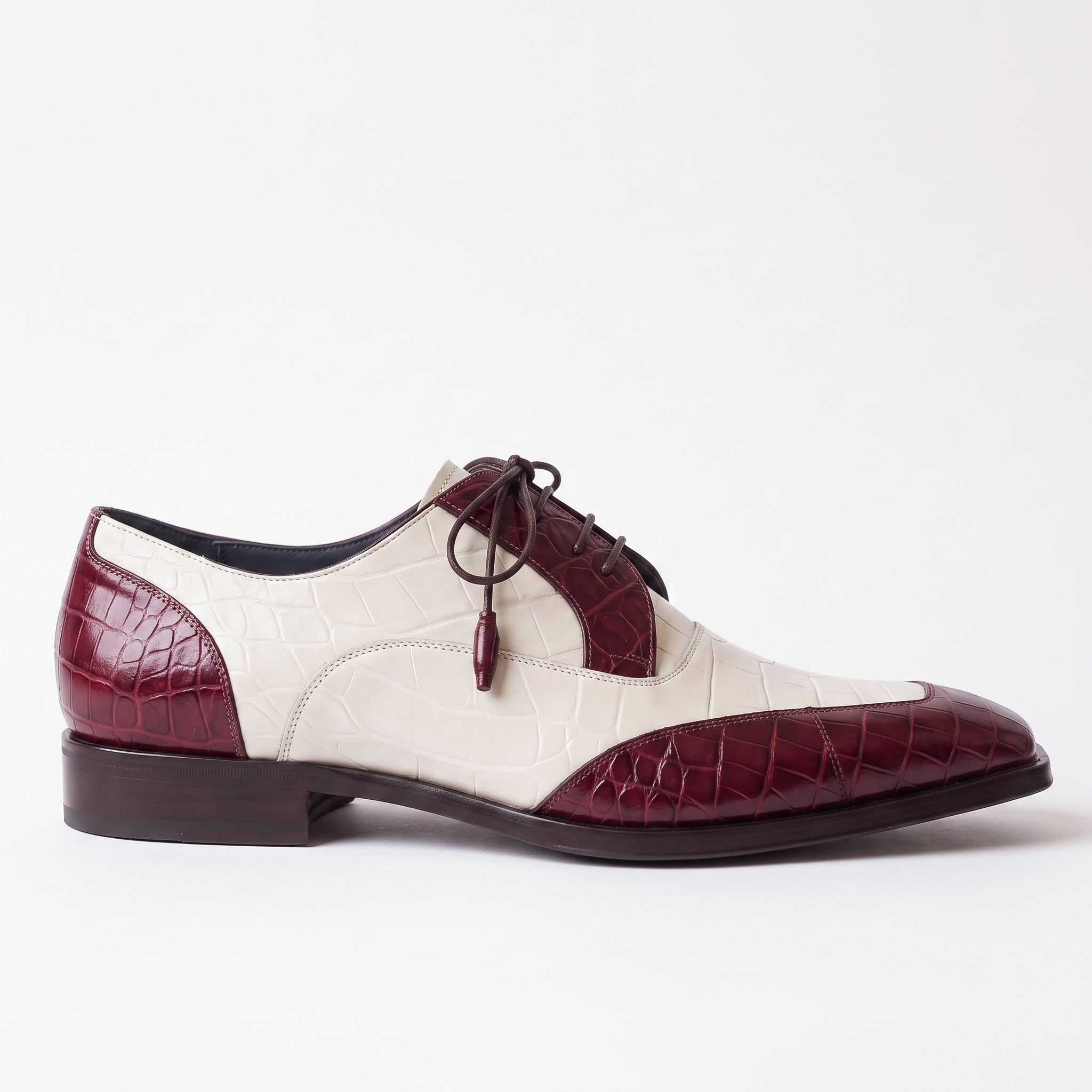 Men's Burgundy and Off-White Crocodile-Embossed Leather Spectator Derby Shoes — Birkdale
