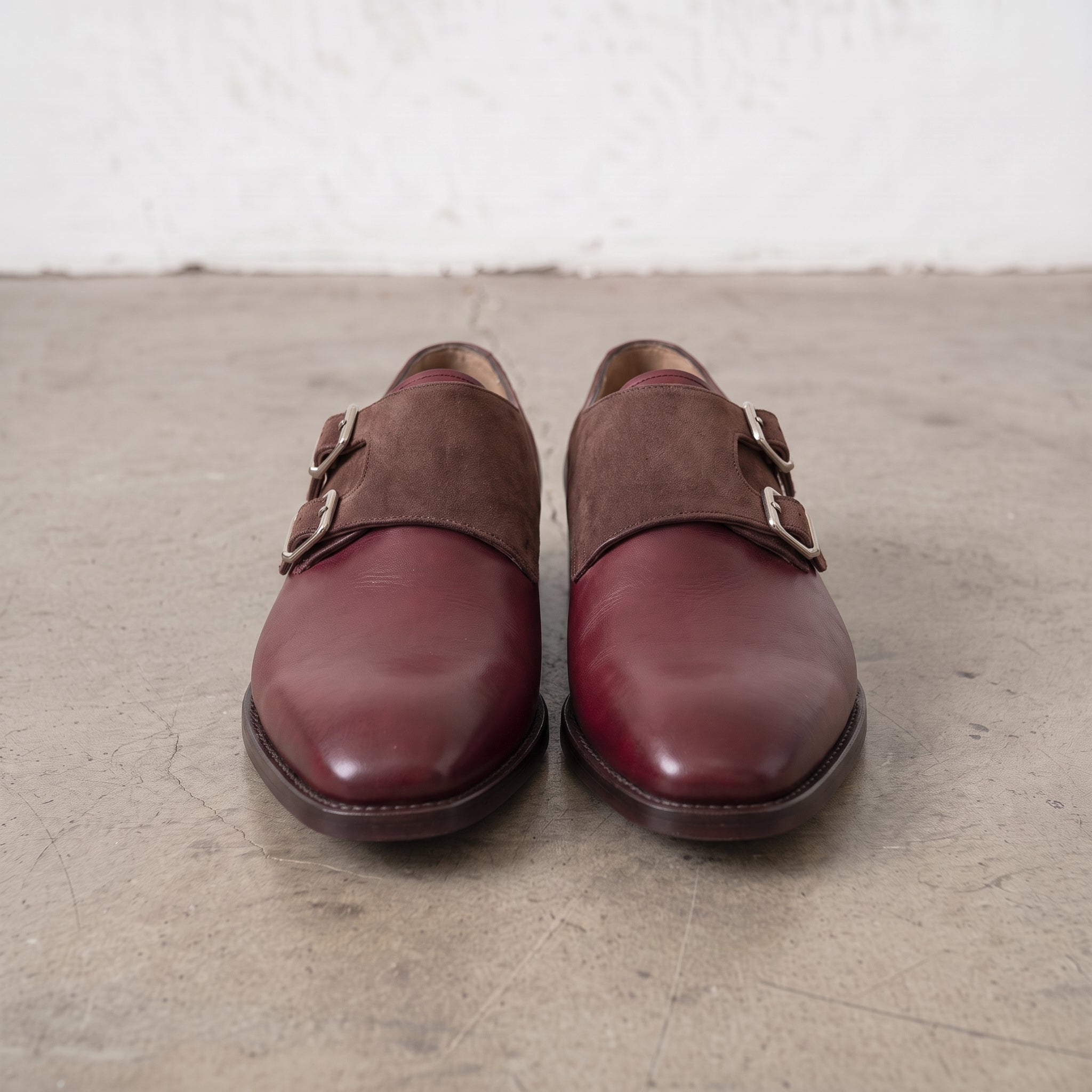 Men's Burgundy and Brown Leather Double Monk Strap Shoes — Farrant