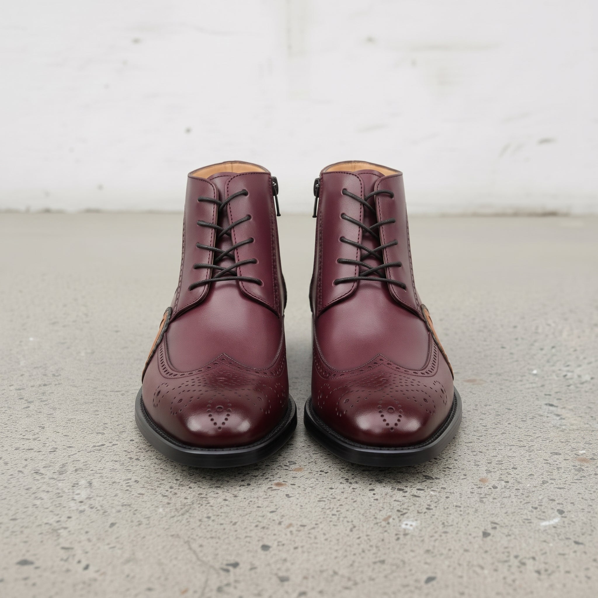 Men's Burgundy and Tan Wingtip Leather Oxford Boots — Bulmer