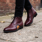 Men's Burgundy and Tan Wingtip Leather Oxford Boots — Bulmer