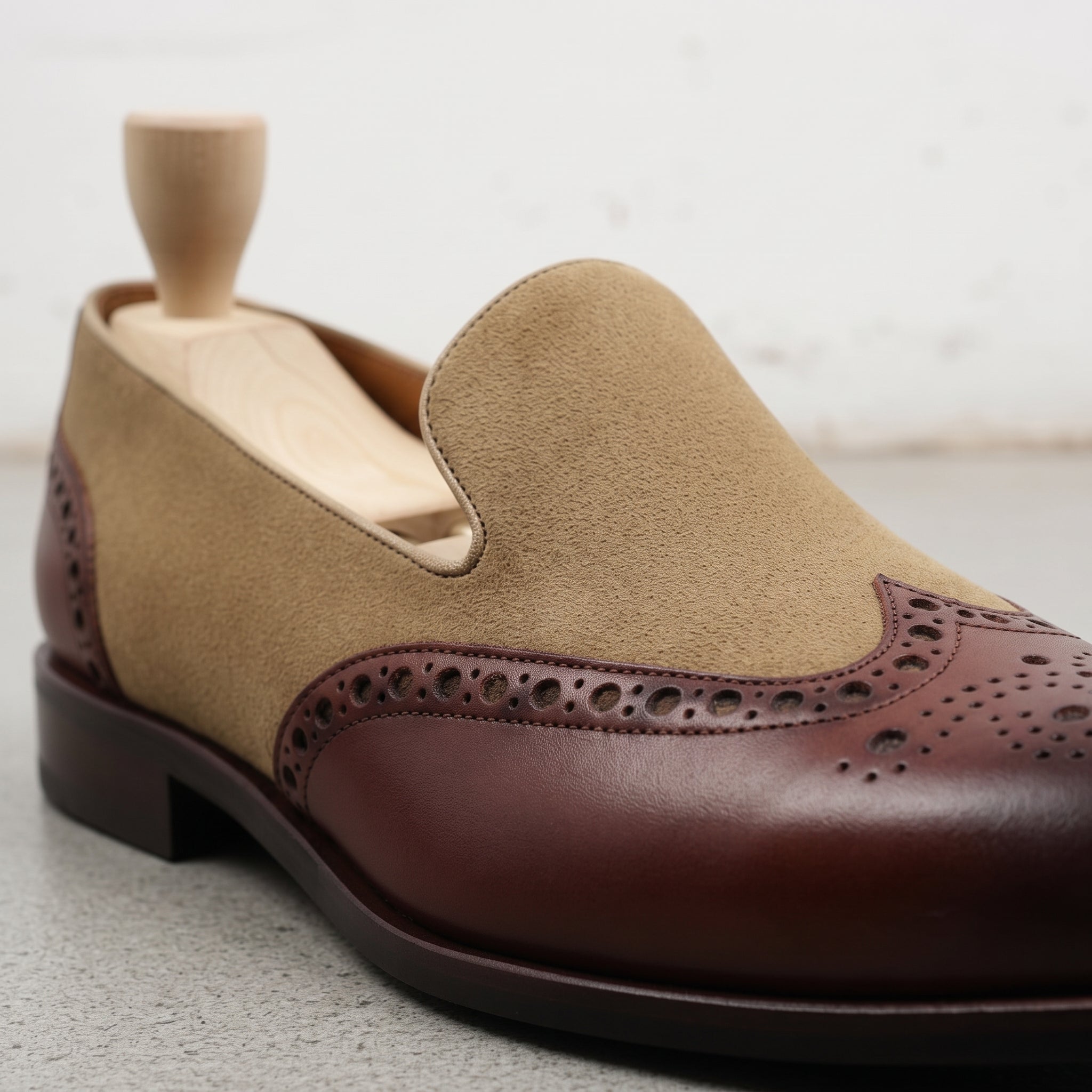 Men's Burgundy and Tan Wingtip Suede and Leather Moccasins — Lidgate