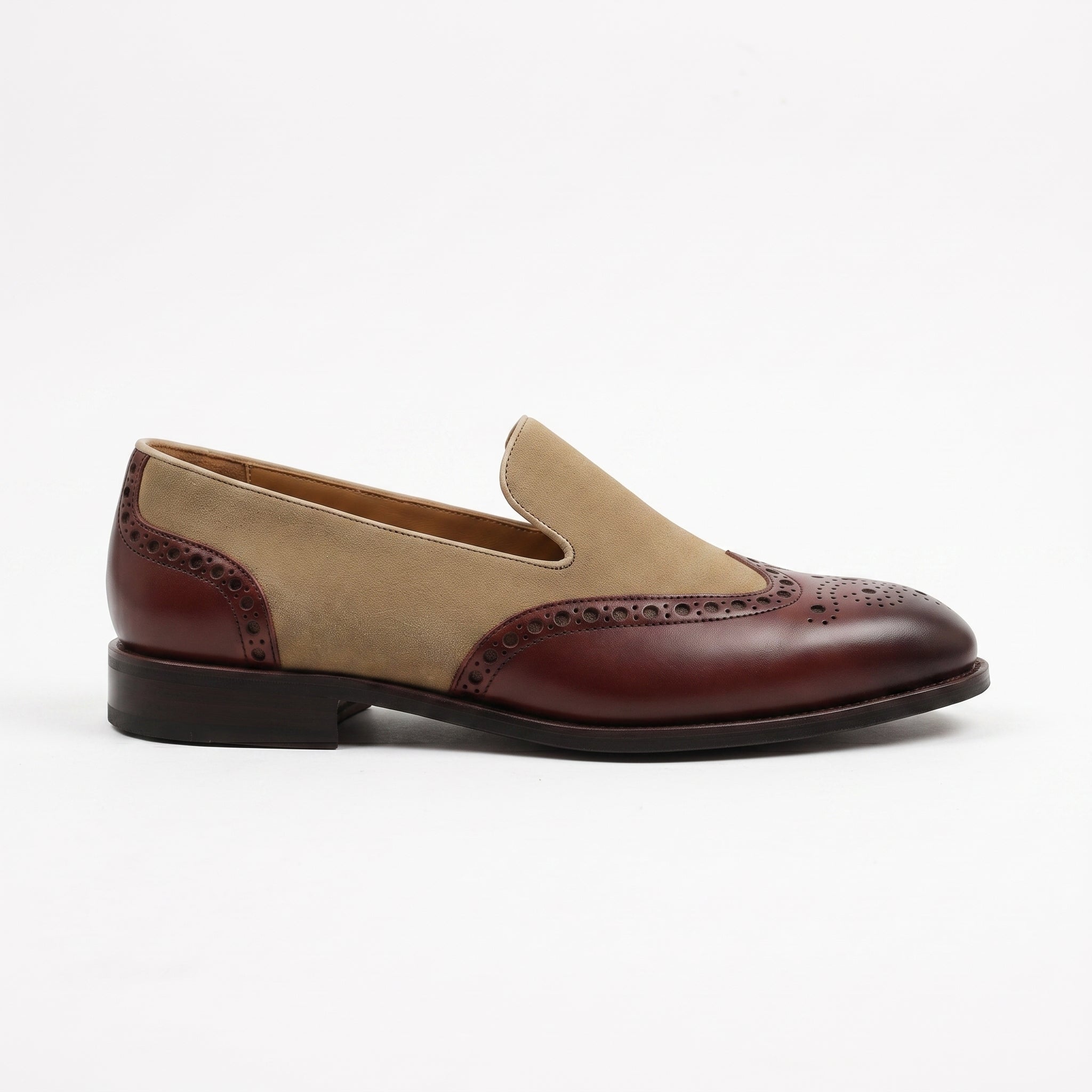 Men's Burgundy and Tan Wingtip Suede and Leather Moccasins — Lidgate