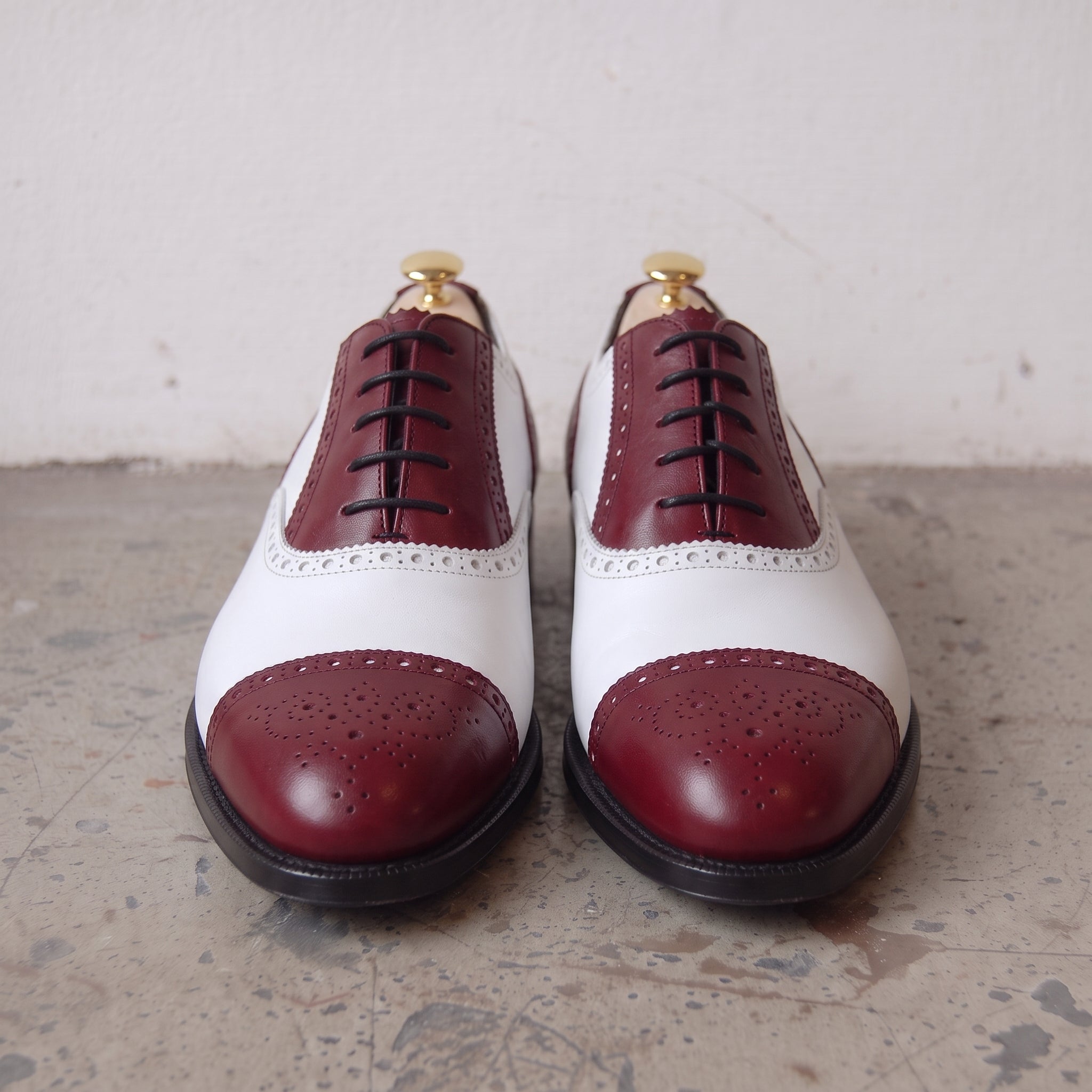 Men's Burgundy and White Cap-Toe Leather Spectator Oxfords — Hodgson