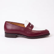 Men's Burgundy and White Plain-Toe Leather Spectator Penny Loafers — Connell