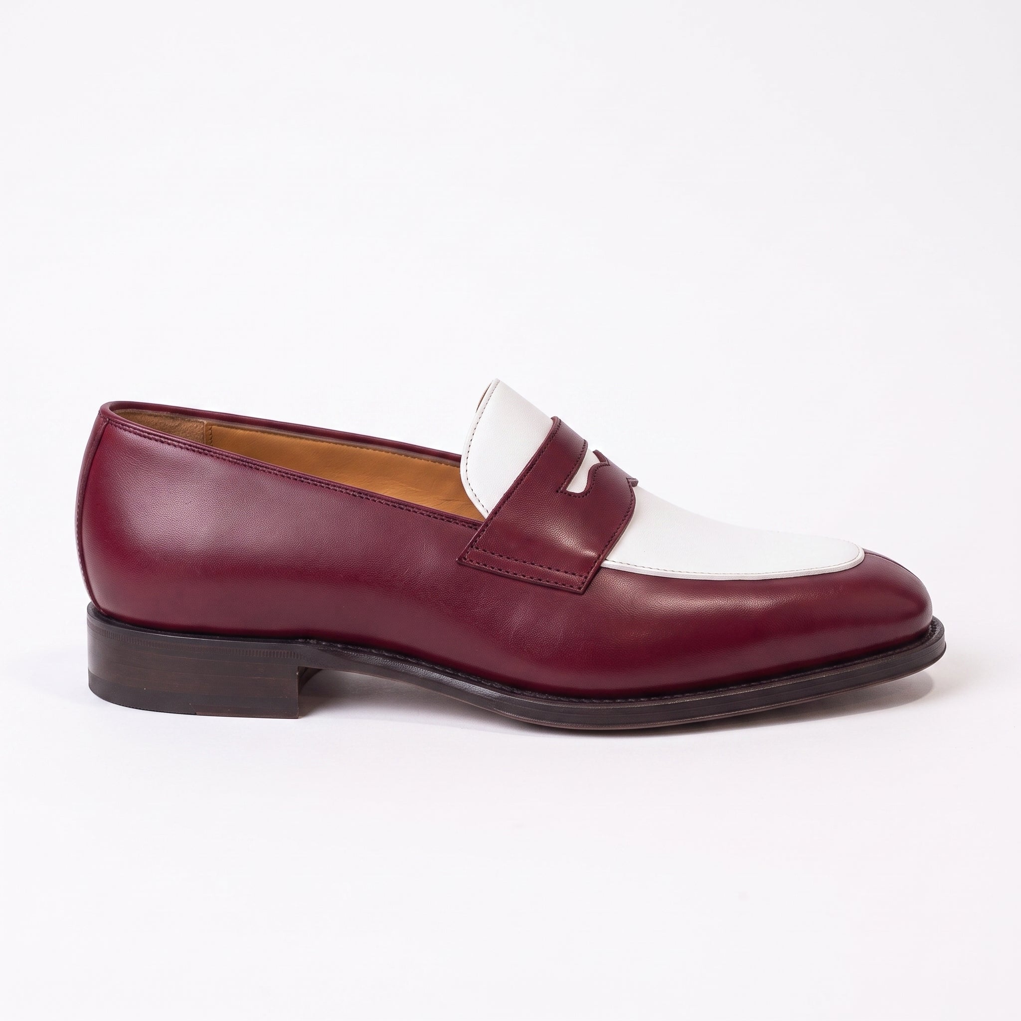 Men's Burgundy and White Plain-Toe Leather Spectator Penny Loafers — Connell