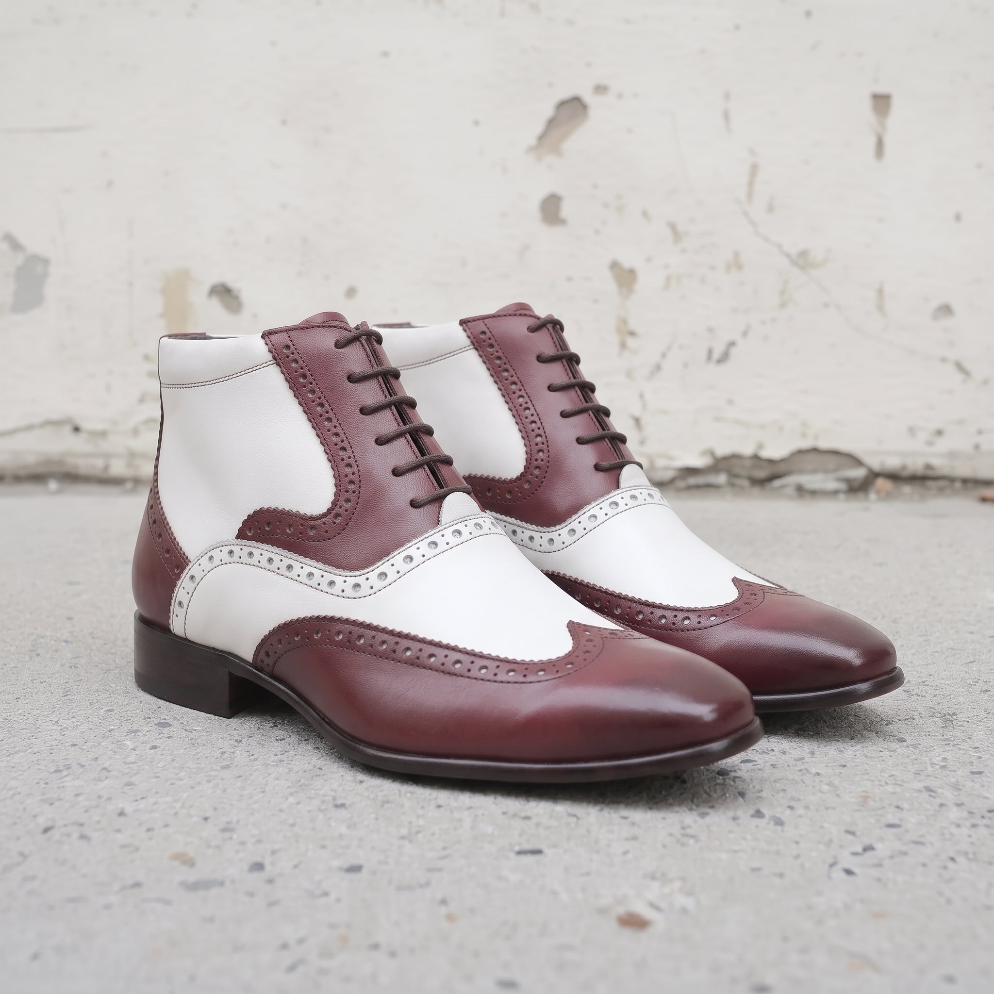 Men's Burgundy and White Wingtip Leather Spectator Boots — Scott
