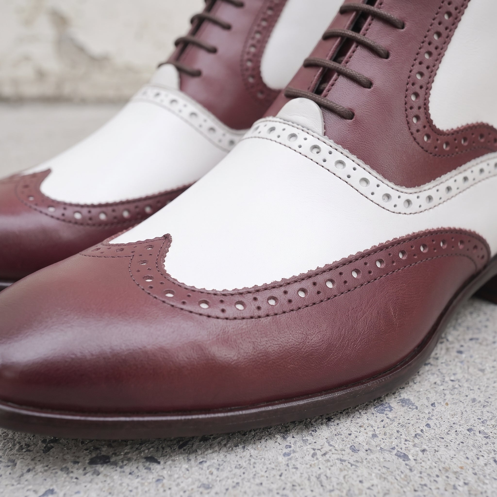 Men's Burgundy and White Wingtip Leather Spectator Boots — Scott