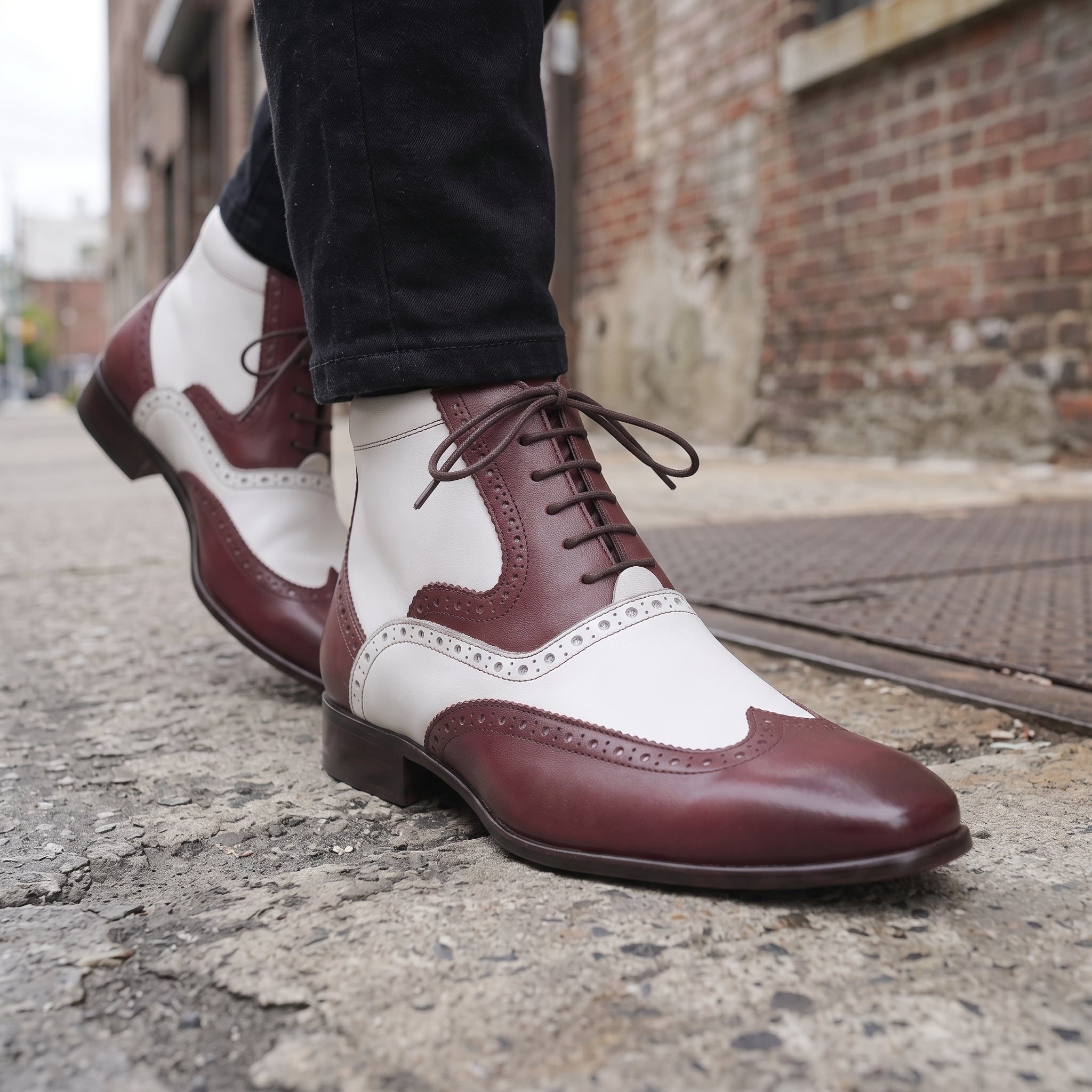 Men's Burgundy and White Wingtip Leather Spectator Boots — Scott