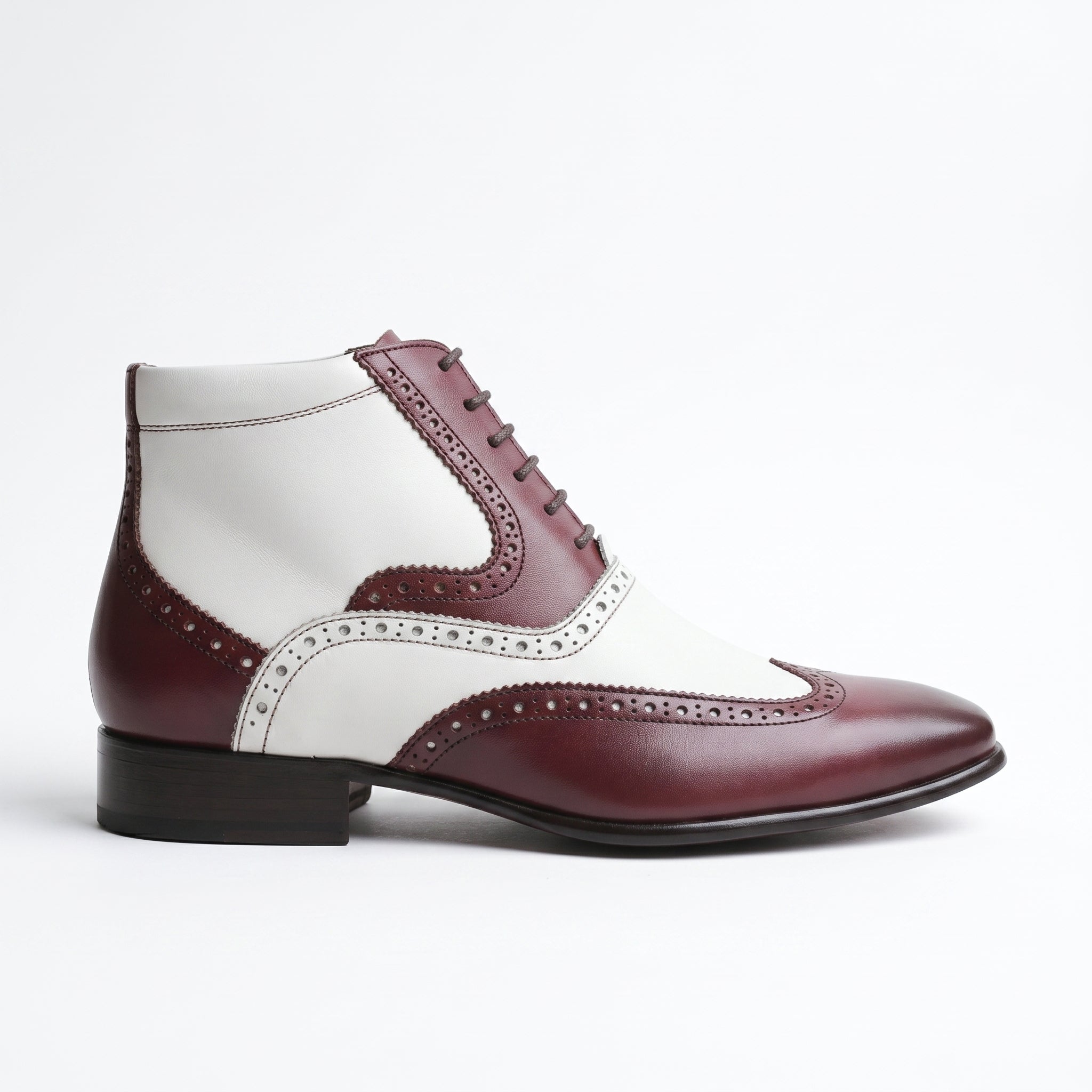 Men's Burgundy and White Wingtip Leather Spectator Boots — Scott