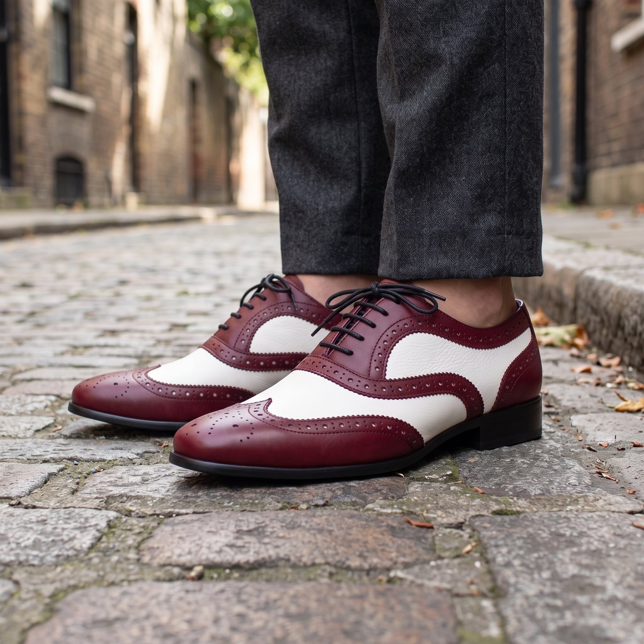 Men's Burgundy and White Wingtip Leather Spectator Oxfords — Bardolph