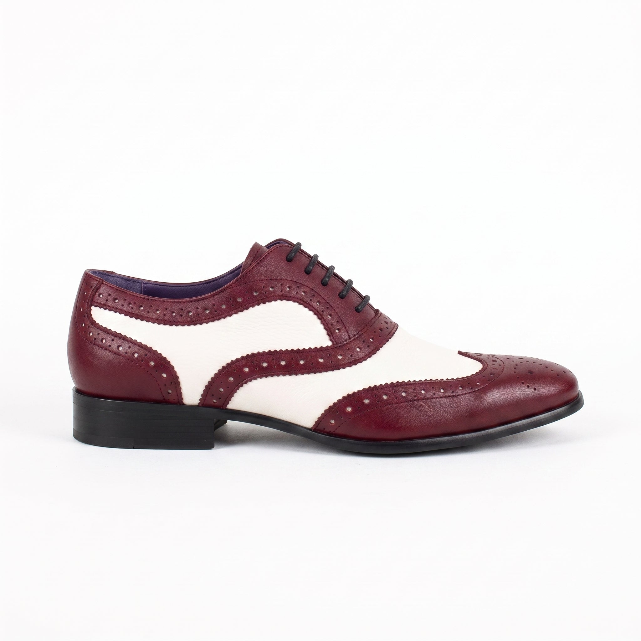 Men's Burgundy and White Wingtip Leather Spectator Oxfords — Bardolph