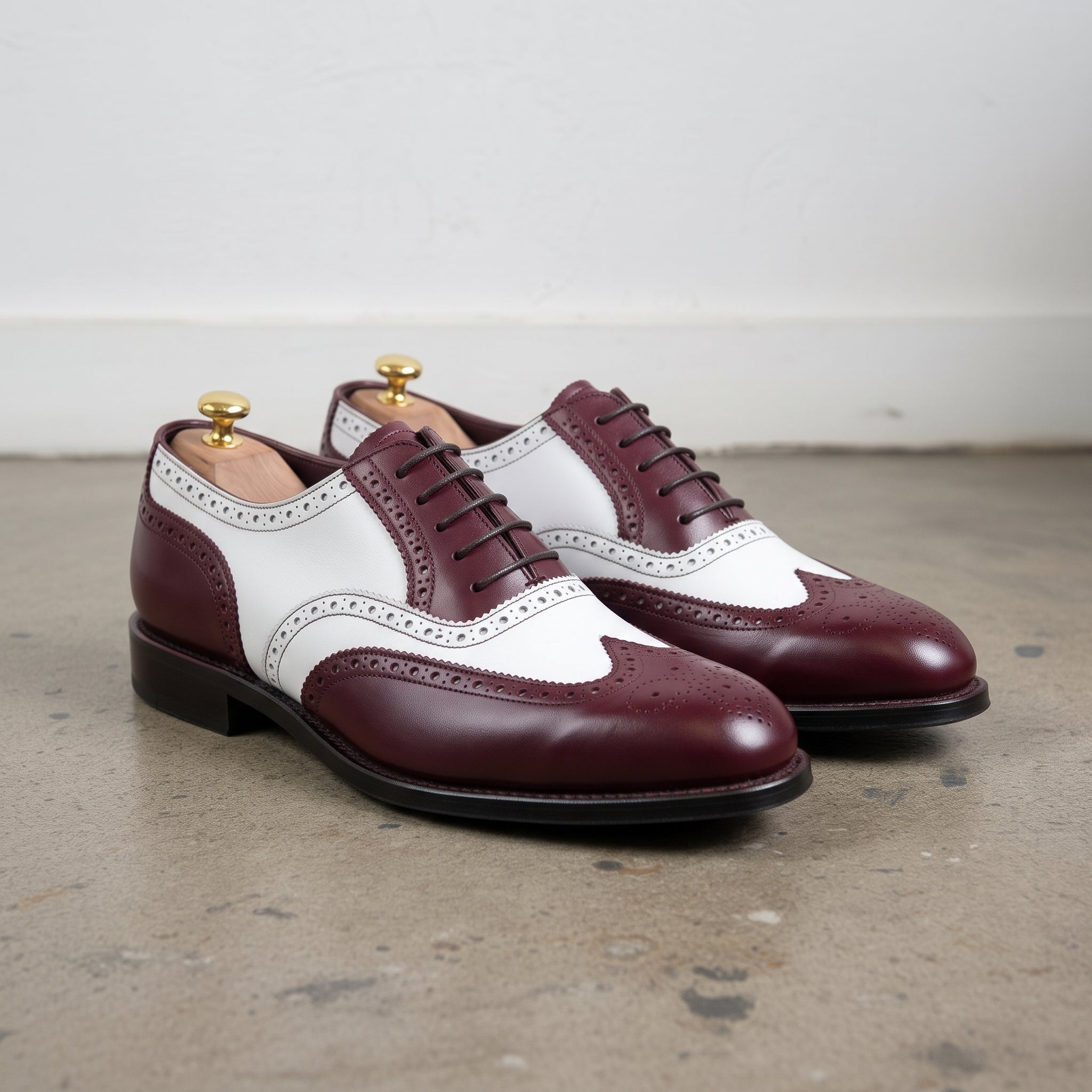 Men's Burgundy and White Wingtip Leather Spectator Oxfords — Gatton