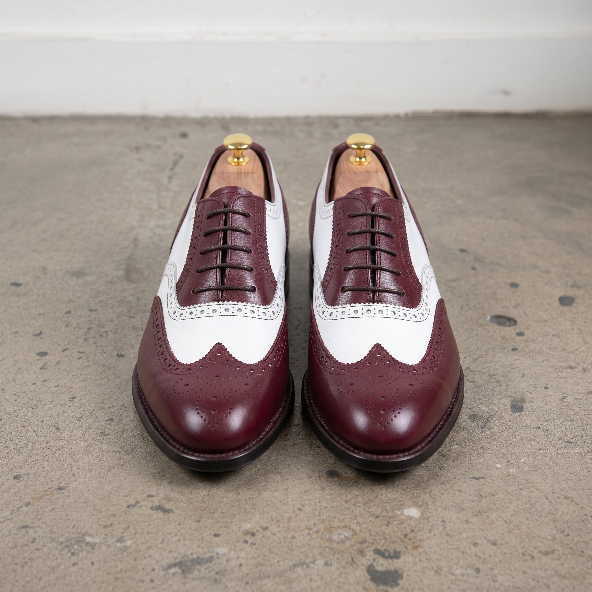 Men's Burgundy and White Wingtip Leather Spectator Oxfords — Gatton