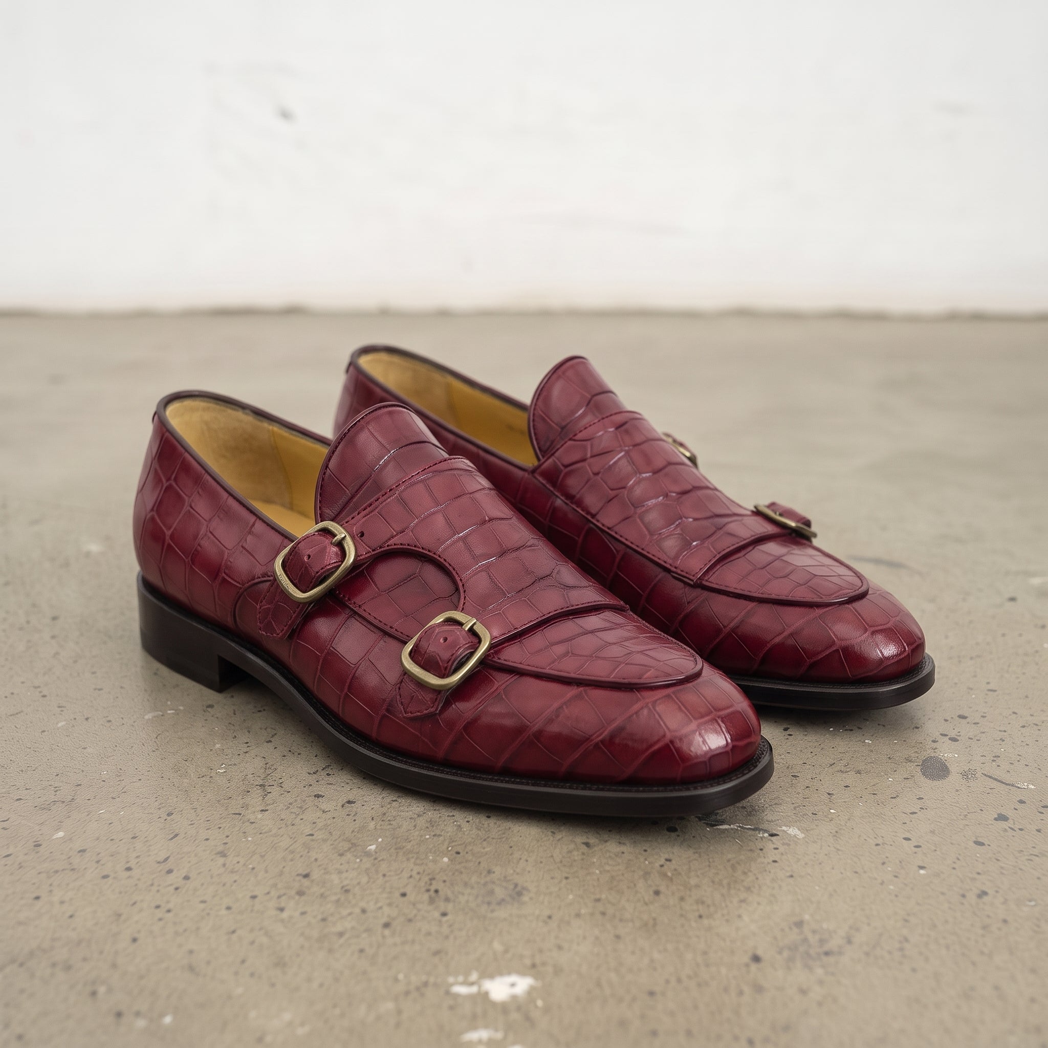 Men's Burgundy Apron-Toe Crocodile-Embossed Leather Double Monk Loafers — Gateley