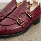 Men's Burgundy Apron-Toe Crocodile-Embossed Leather Double Monk Loafers — Gateley